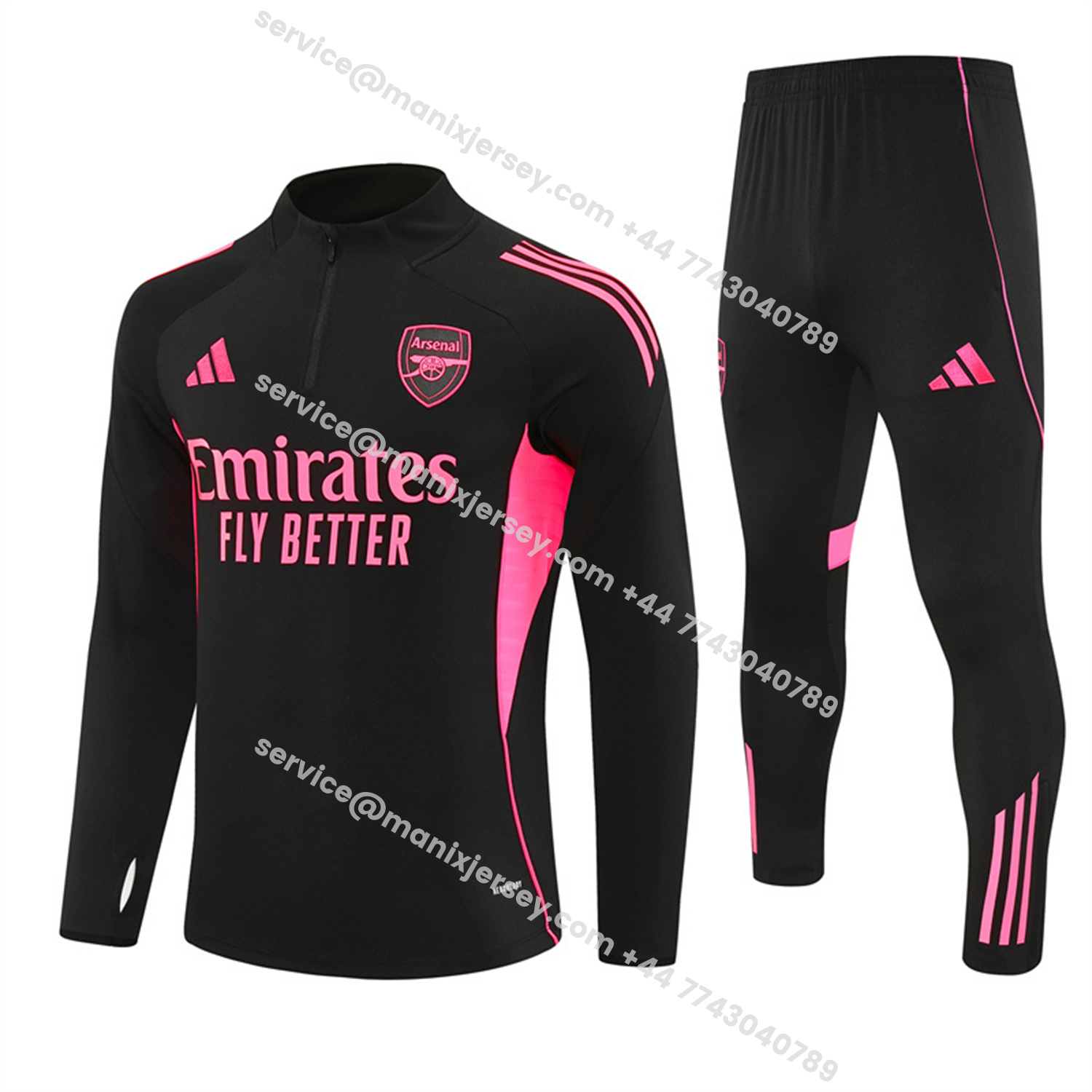 ManixJersey.com | Arsenal 25-26 Long Sleeve Training Set - Pink Logo Black Top & Black Pants -Customize Name, Number and Patch | Worldwide Shipping