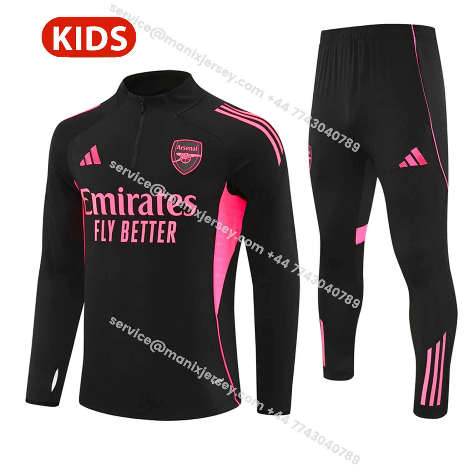ManixJersey.com | Arsenal 25-26 Kids Long Sleeve Training Set - Pink Logo Balck Top & Black Pants -Customize Name, Number and Patch | Worldwide Shipping