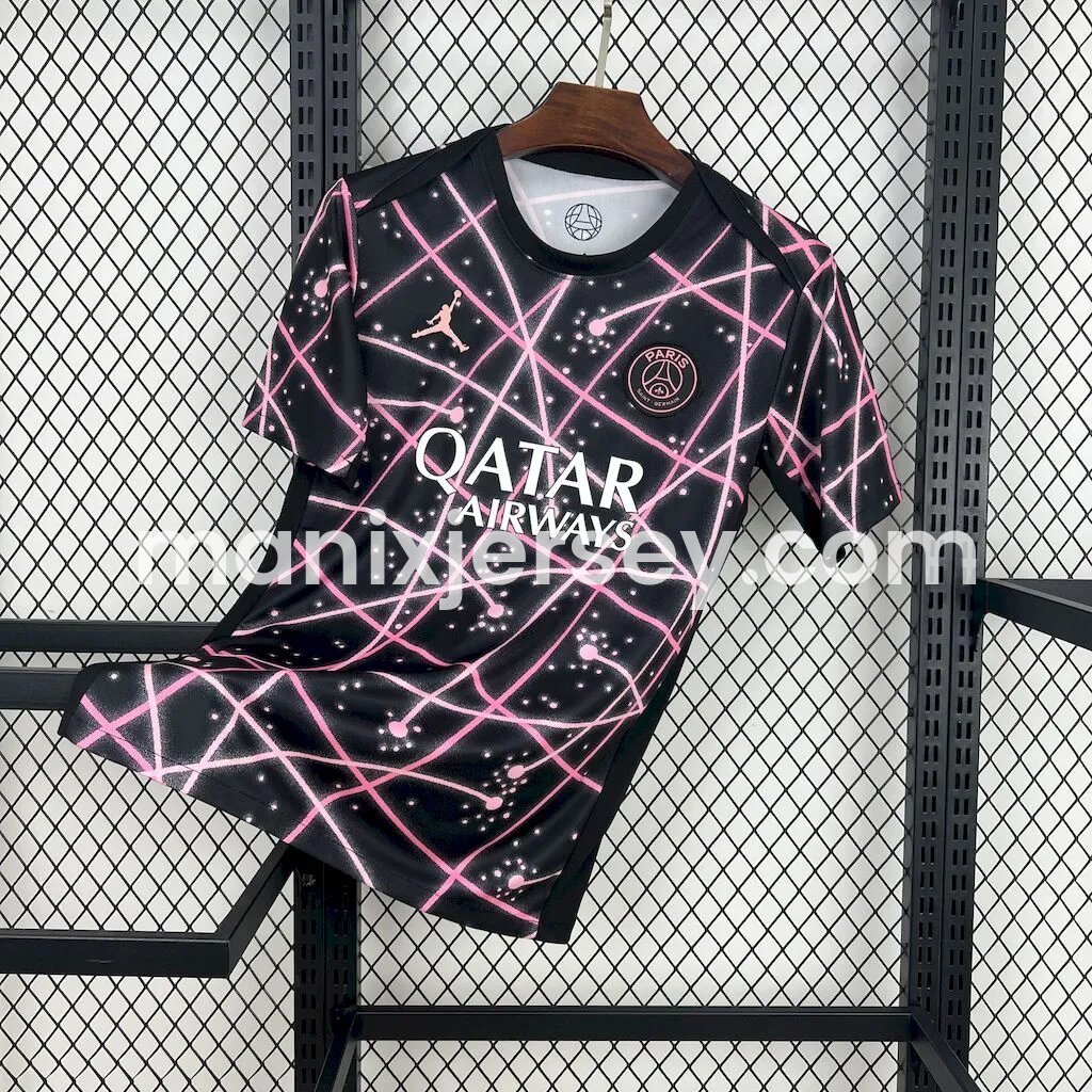ManixJersey.com | Paris Saint-Germain PSG 25-26 Pink Lines Black Pre-Match Training Jersey - Fans Version -Customize Name, Number and Patch | Worldwide Shipping