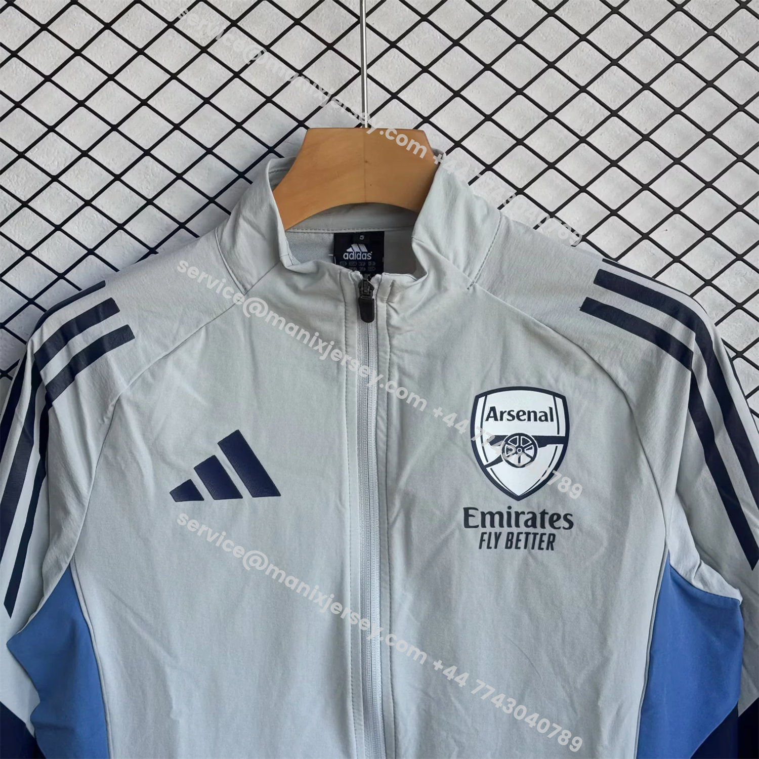 ManixJersey.com | Arsenal 25-26 Windbreaker Training Set - Light Grey Top and Blue Pants -Customize Name, Number and Patch | Worldwide Shipping