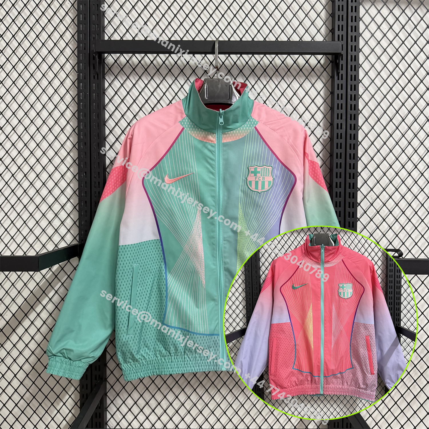 ManixJersey.com | Barcelona 25-26 Double Sided Reversible Windbreaker - Green & Pink -Customize Name, Number and Patch | Worldwide Shipping