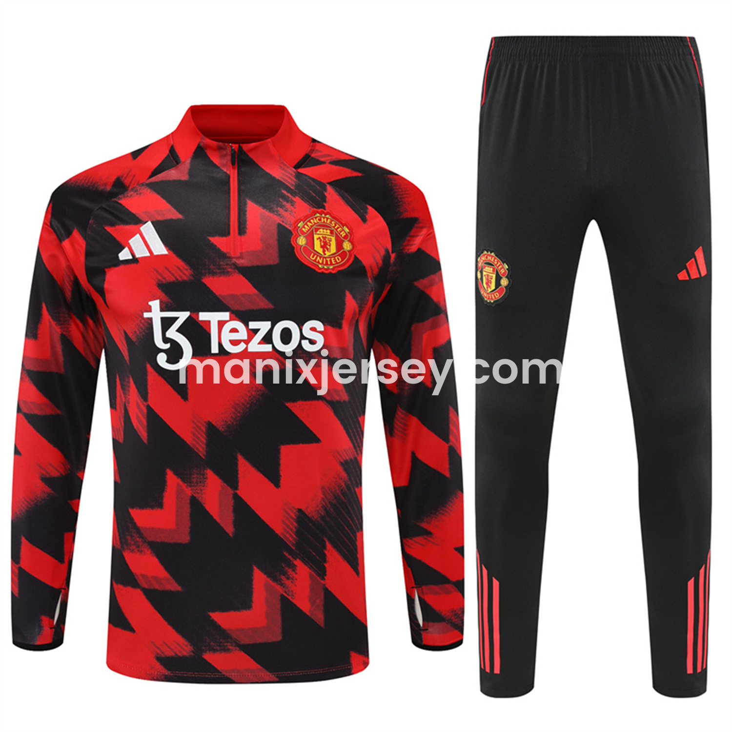 ManixJersey.com | Manchester United 25-26 Kid Long Sleeves Training Set - Red-Black Top & Black Pants -Customize Name, Number and Patch | Worldwide Shipping