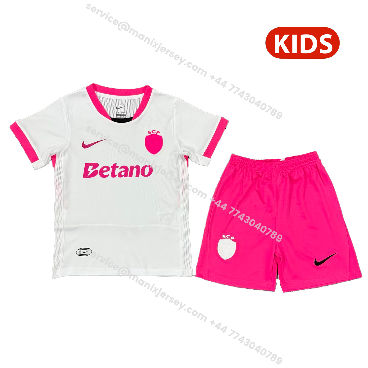 ManixJersey.com | Sporting CP 25-26 Pink And White Special Kids Kit -Customize Name, Number and Patch | Worldwide Shipping