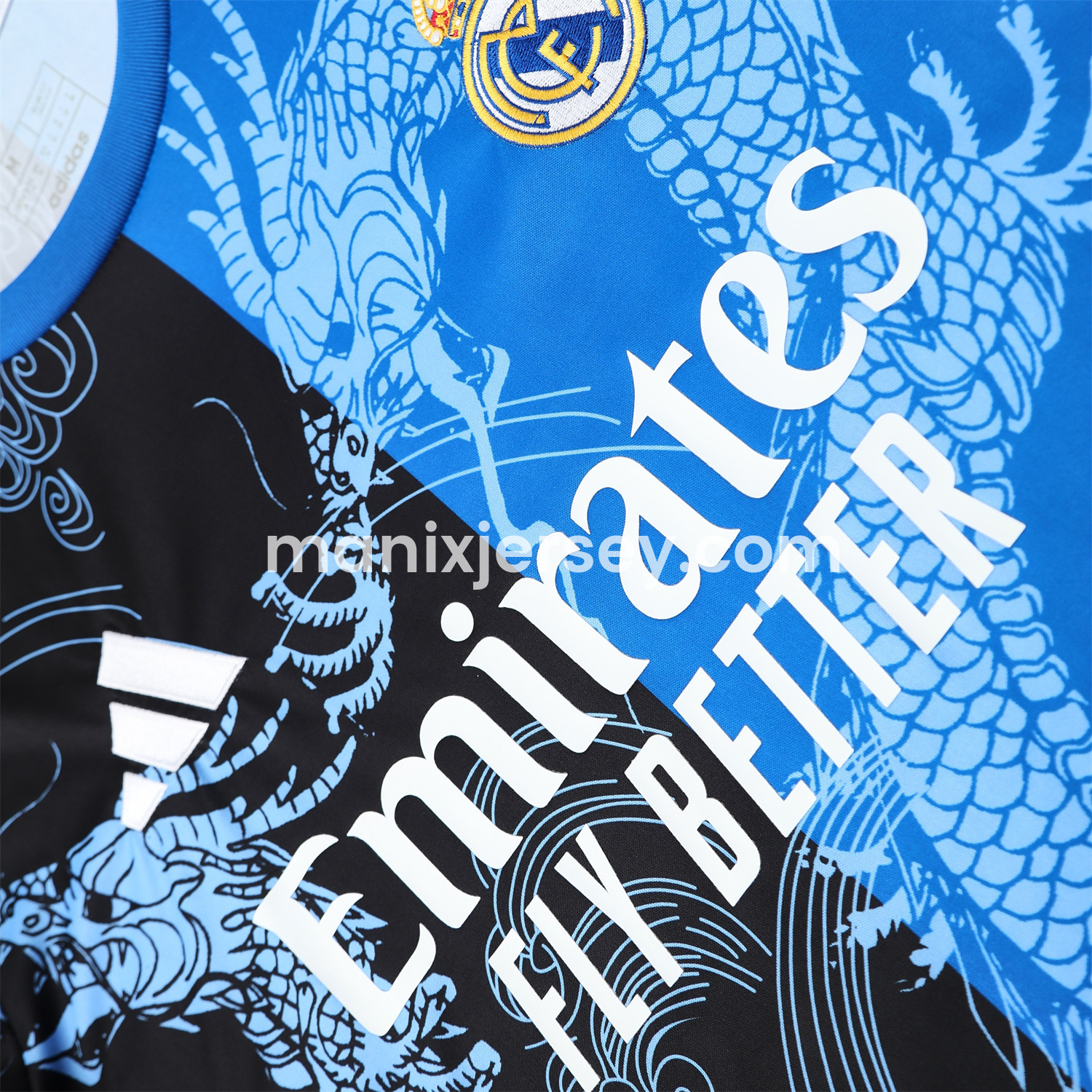 ManixJersey.com | Real Madrid 25-26 Short-Sleeve Training Set - Blue Black Dragon Top & Black-White Shorts -Customize Name, Number and Patch | Worldwide Shipping