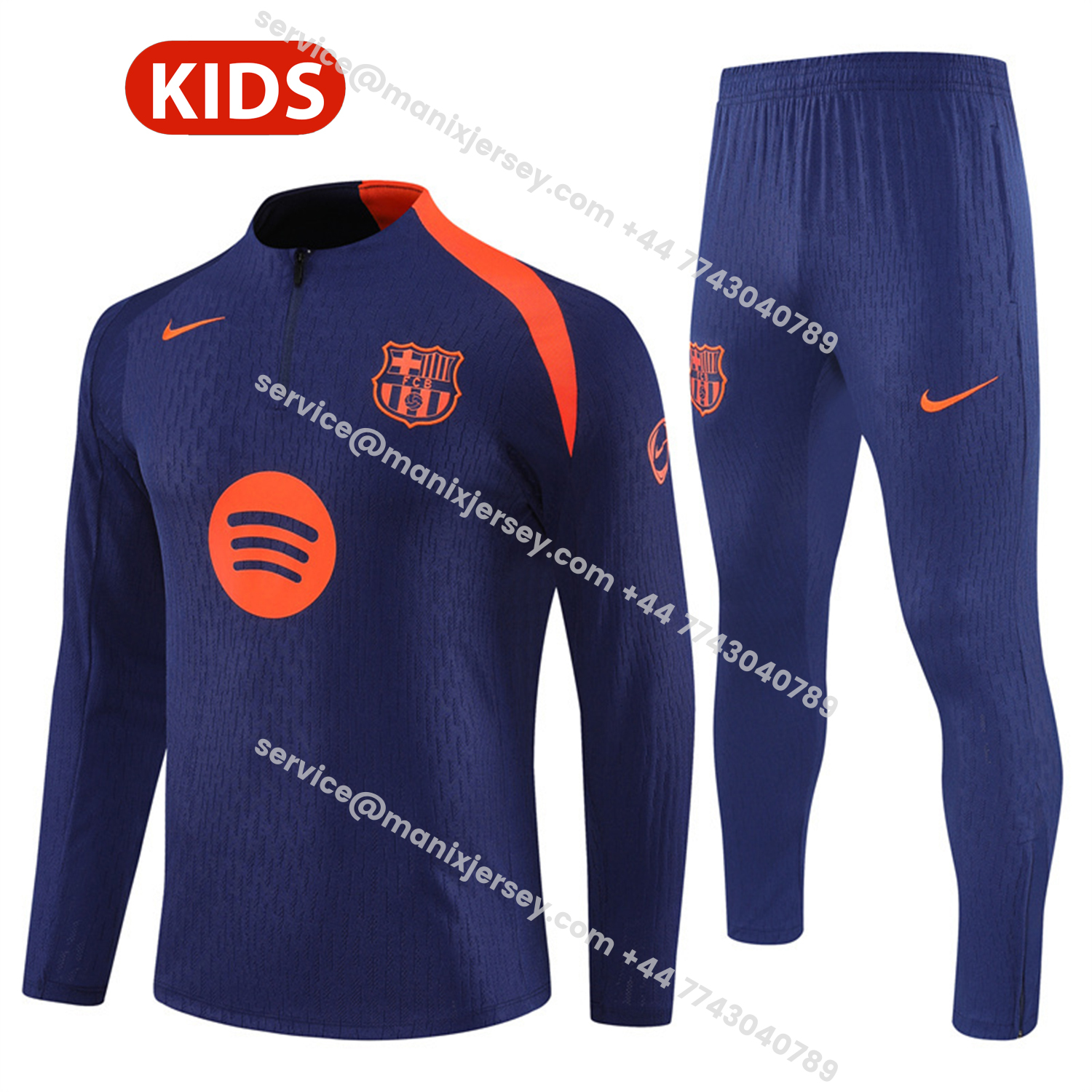 ManixJersey.com | Barcelona 25-26 Kids Long Sleeve Training Set - Royal Blue Top Orange Sponsor & Royal Blue Pants -Customize Name, Number and Patch | Worldwide Shipping