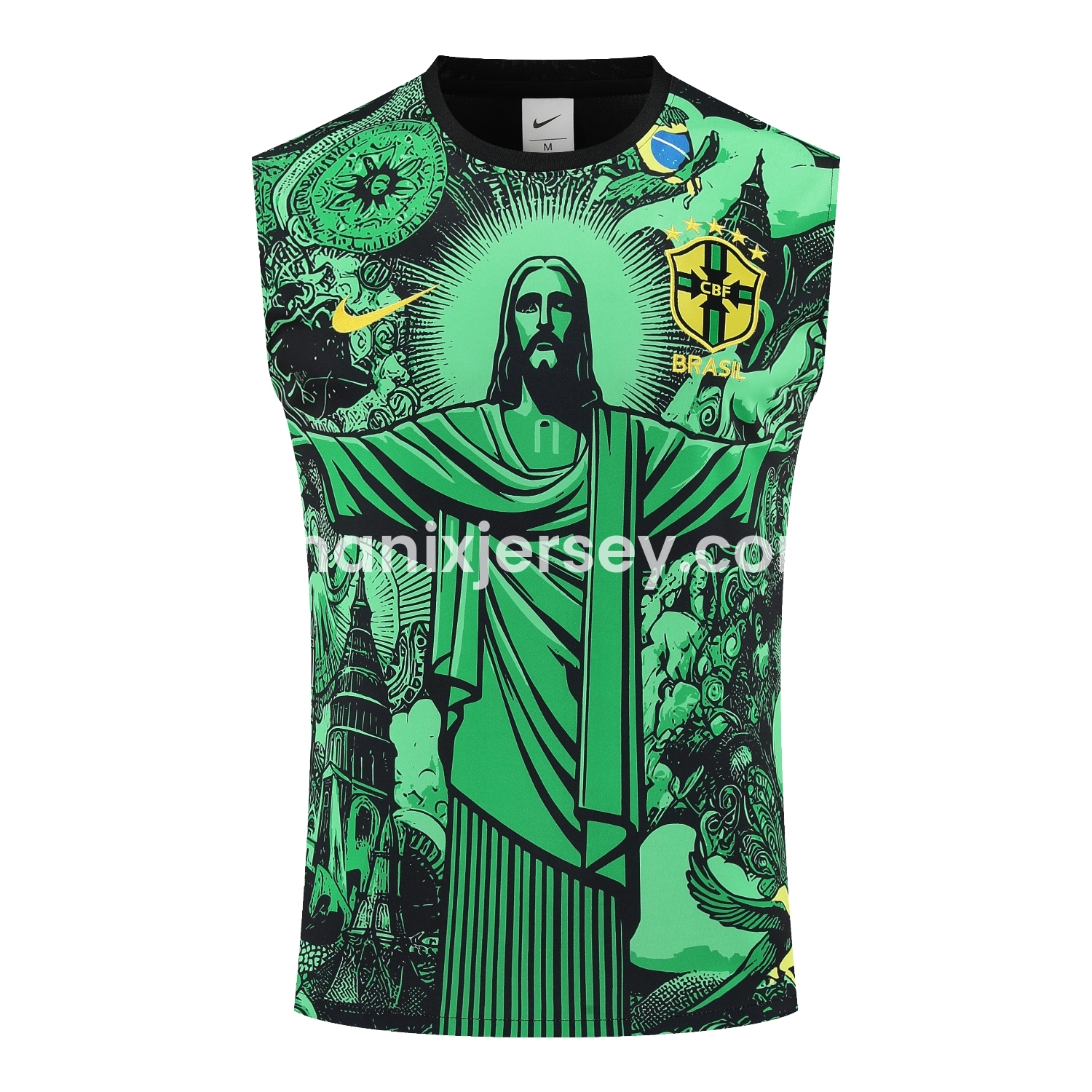 ManixJersey.com | Brazil 25-26 Green Jesus Statue Vest Training Set - Green Vest & Black Shorts -Customize Name, Number and Patch | Worldwide Shipping