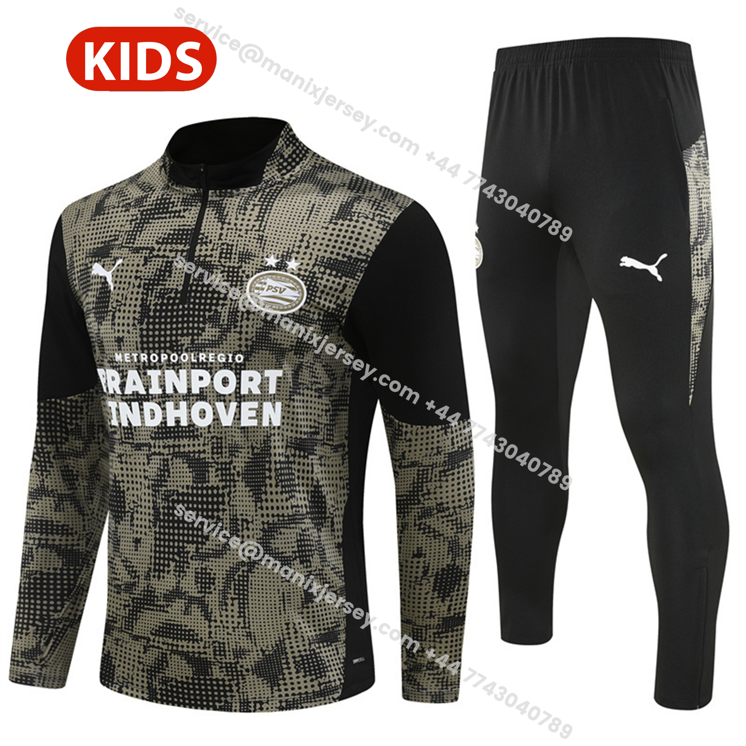 ManixJersey.com | PSV Eindhoven 25-26 Kids Long Sleeve Training Set - Army Green Top & Black Pants -Customize Name, Number and Patch | Worldwide Shipping