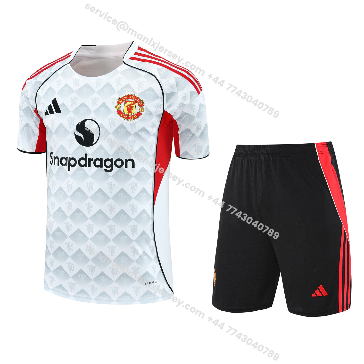 ManixJersey.com | Manchester United 25-26 Short-Sleeve Training Set - Red Edge White Top & Black Shorts -Customize Name, Number and Patch | Worldwide Shipping