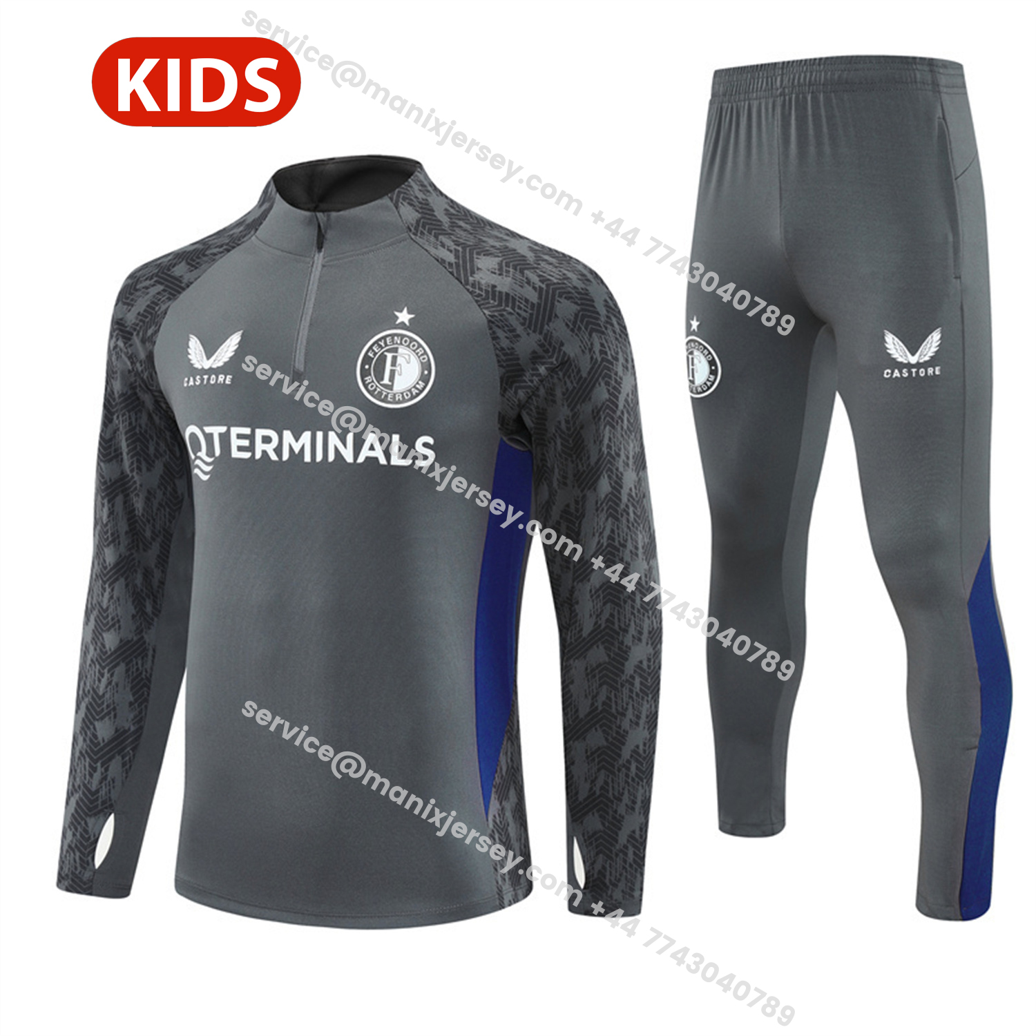 ManixJersey.com | Feyenoord 25-26 Kids Long Sleeve Training Set - Dark Gray Top & Dark Gray Pants -Customize Name, Number and Patch | Worldwide Shipping
