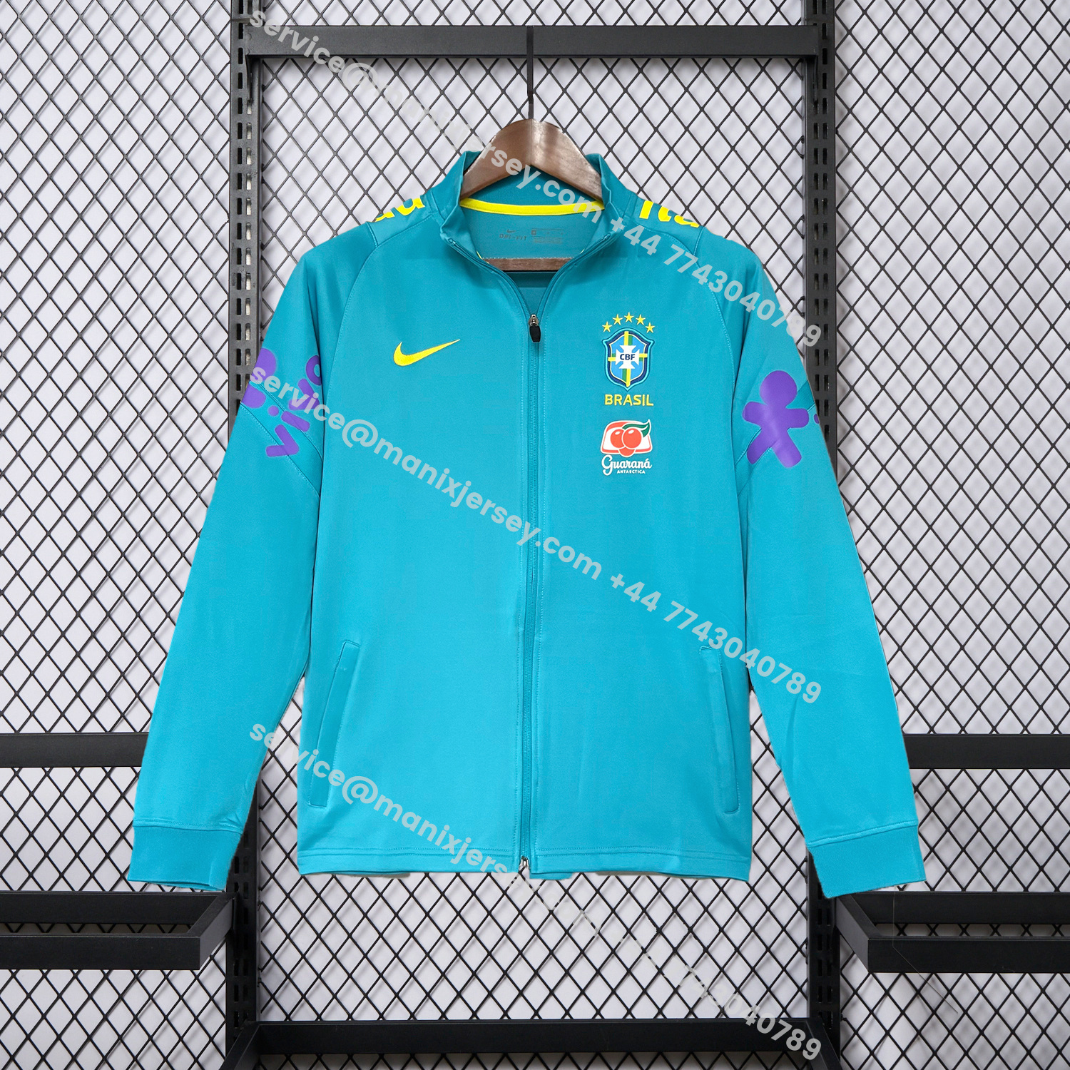 ManixJersey.com | Retro Brazil 2022 Pre-Match Cyan Windbreaker -Customize Name, Number and Patch | Worldwide Shipping