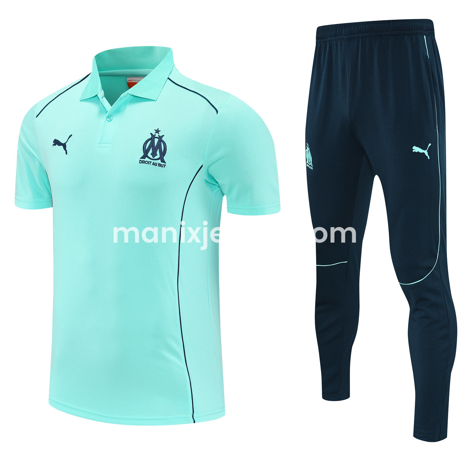 ManixJersey.com | Marseille 25-26 POLO Short-Sleeve Training Set - Cyan Top and Deep Blue Pants -Customize Name, Number and Patch | Worldwide Shipping