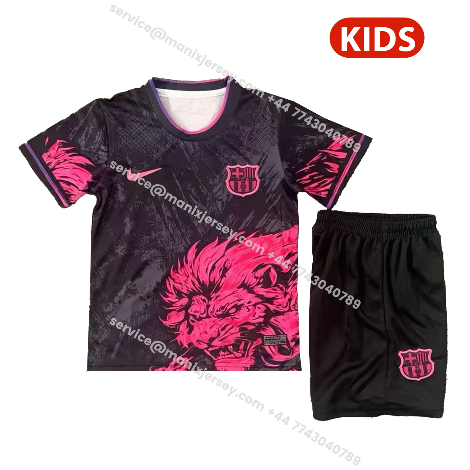 ManixJersey.com | Barcelona 25-26 Pink Lion Black Special Kids Kit -Customize Name, Number and Patch | Worldwide Shipping