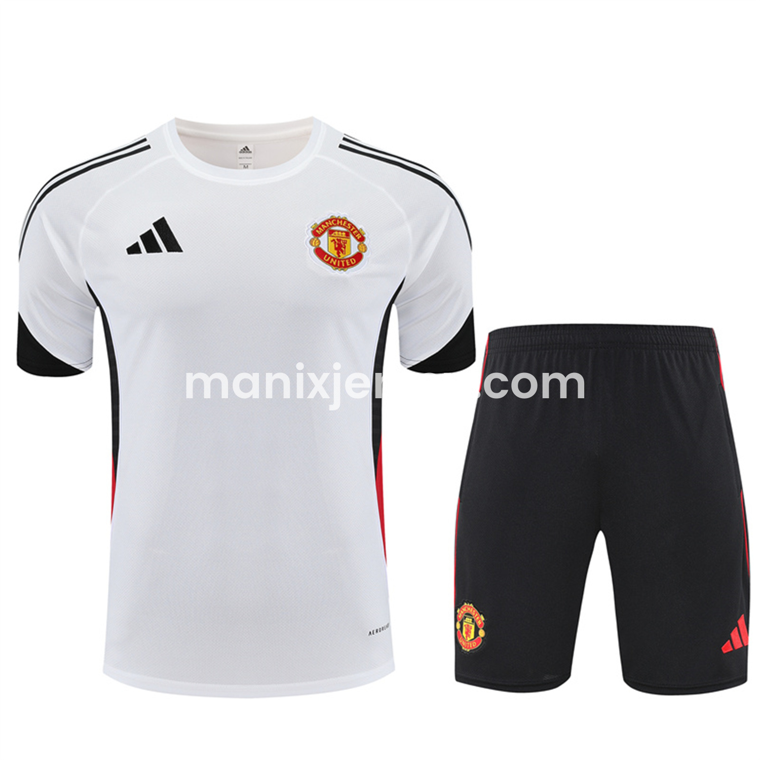ManixJersey.com | Manchester United 25-26 Short-Sleeve Training Set - White Top & Black Shorts -Customize Name, Number and Patch | Worldwide Shipping
