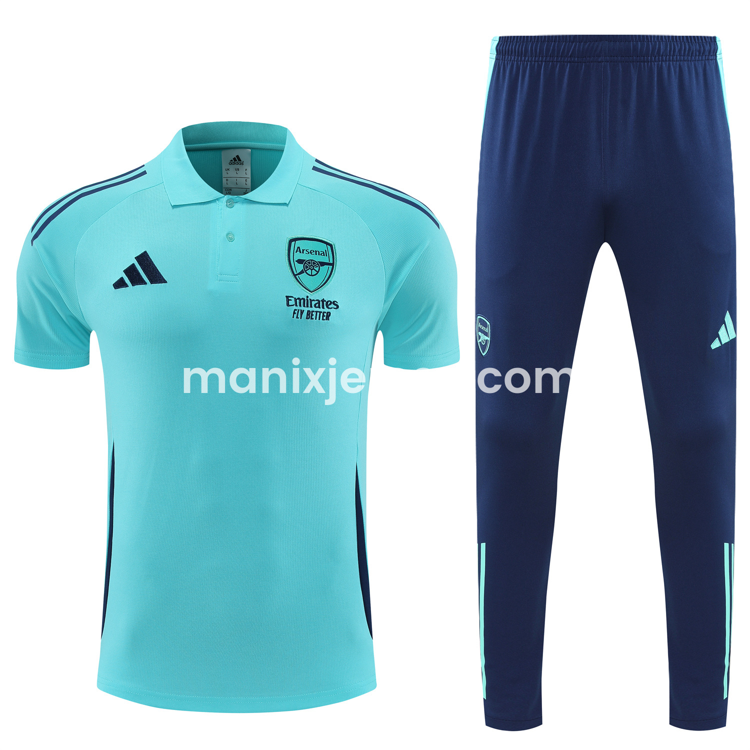 ManixJersey.com | Arsenal 25-26 POLO Short-Sleeve Training Set - Cyan Top and Deep Blue Pants -Customize Name, Number and Patch | Worldwide Shipping