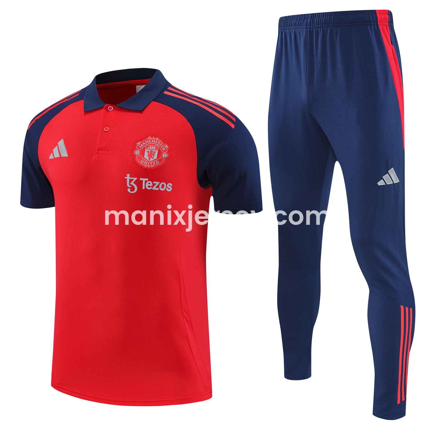 ManixJersey.com | Manchester United 25-26 POLO Short-Sleeve Training Set - Red Top and Deep Blue Pants -Customize Name, Number and Patch | Worldwide Shipping