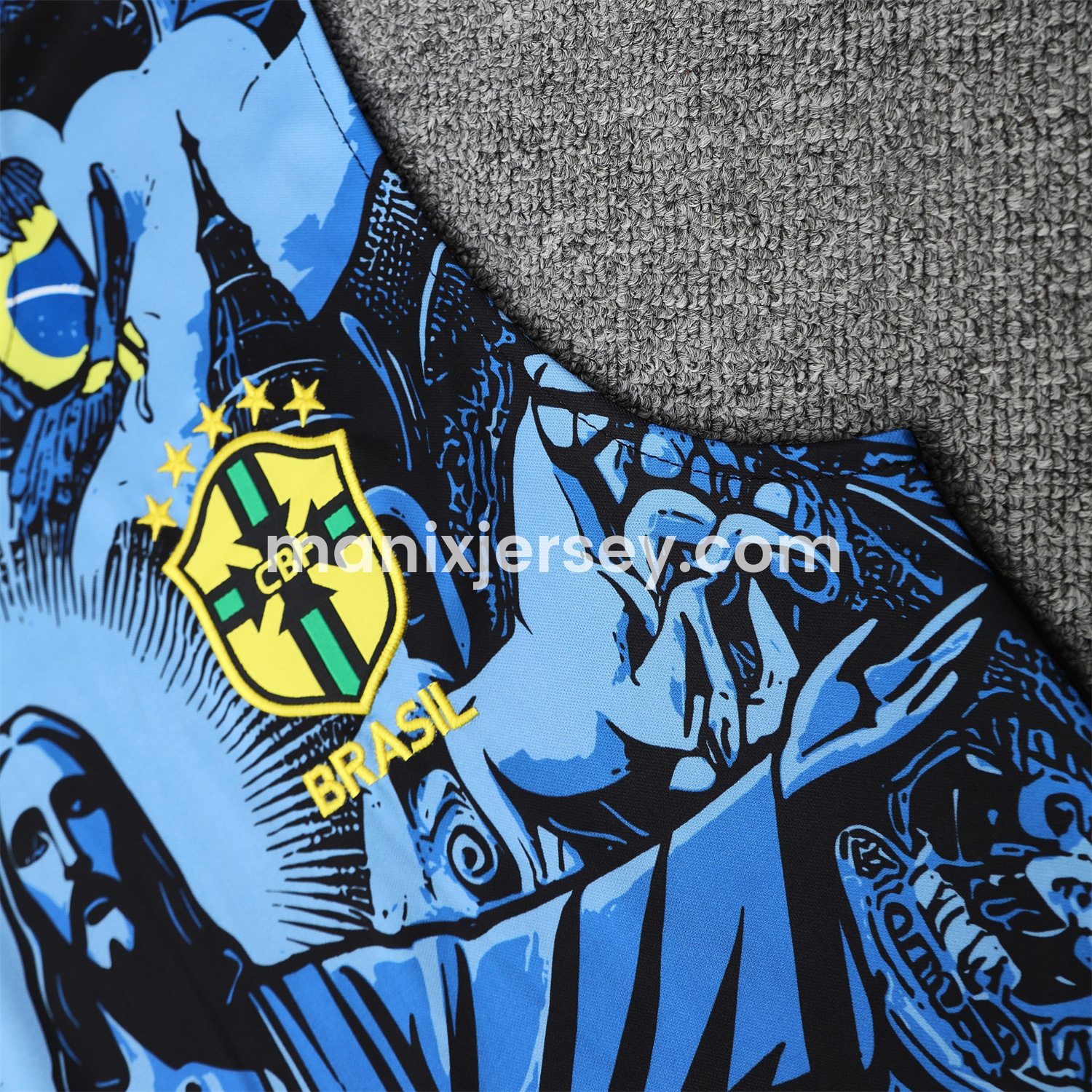 ManixJersey.com | Brazil 25-26 Blue Jesus Statue Vest Training Set - Blue Vest & Black Shorts -Customize Name, Number and Patch | Worldwide Shipping