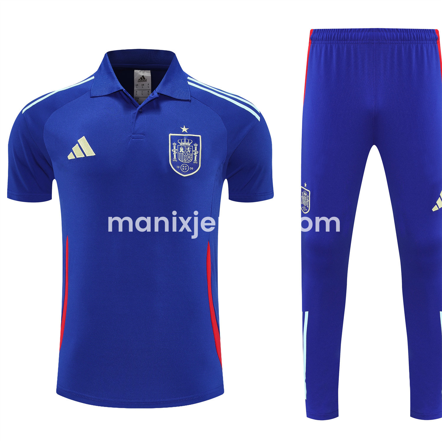 ManixJersey.com | Spain 25-26 POLO Short-Sleeve Training Set - Royal Blue Top and Pants -Customize Name, Number and Patch | Worldwide Shipping