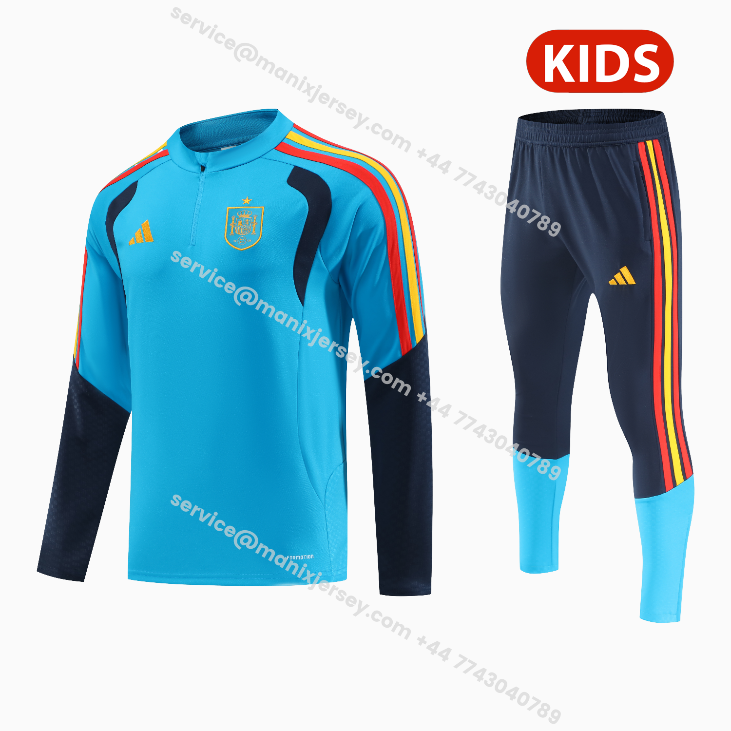 ManixJersey.com | Spain 2026 Kids Long Sleeve Training Set - Light Blue Top & Pants -Customize Name, Number and Patch | Worldwide Shipping