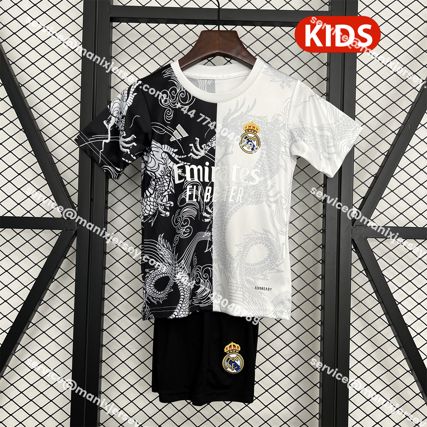 ManixJersey.com | Real Madrid 25-26 Dragon White And Black Special Kids Kit -Customize Name, Number and Patch | Worldwide Shipping