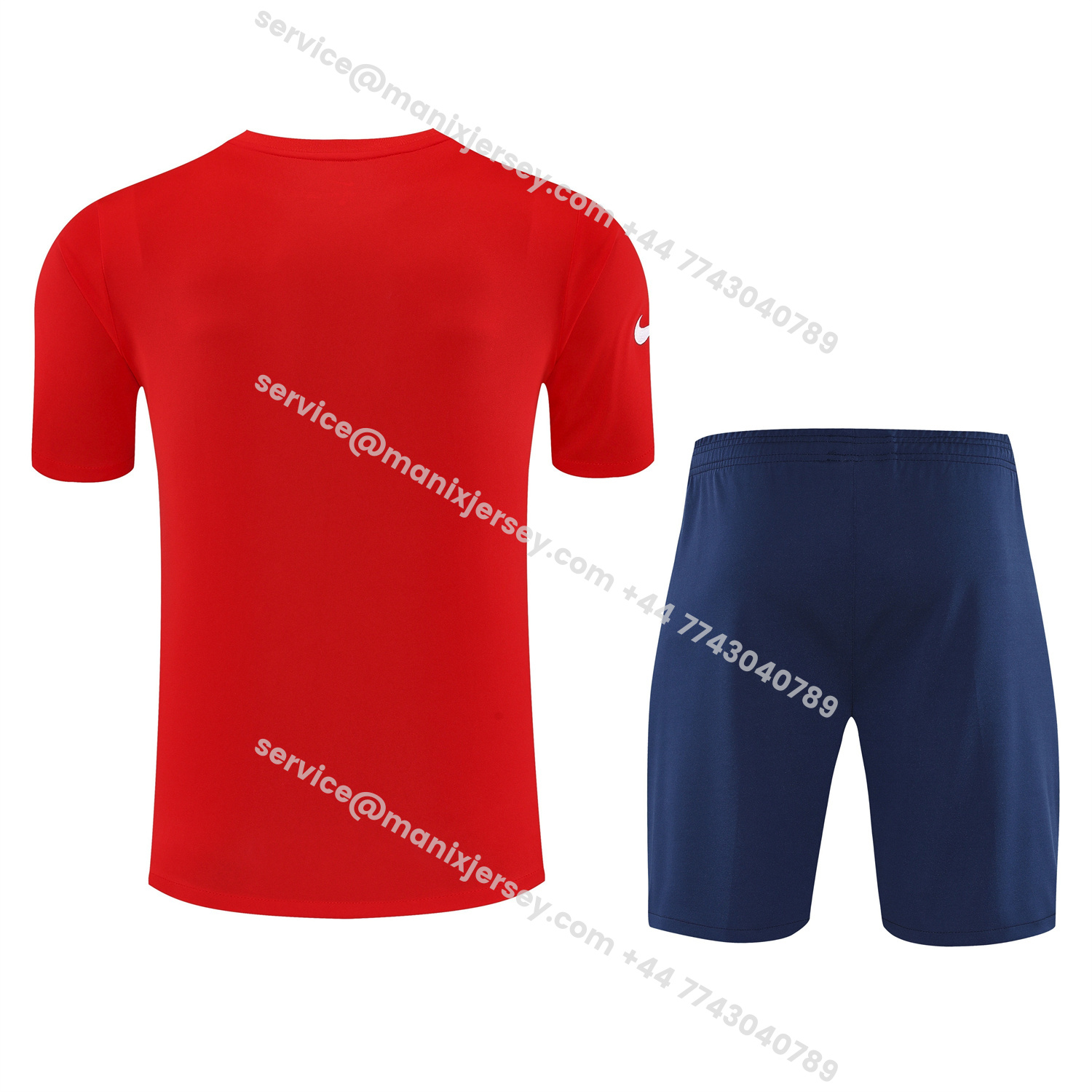 ManixJersey.com | Atletico Madrid Short-Sleeve Training Set - Red White Top & Blue Shorts -Customize Name, Number and Patch | Worldwide Shipping