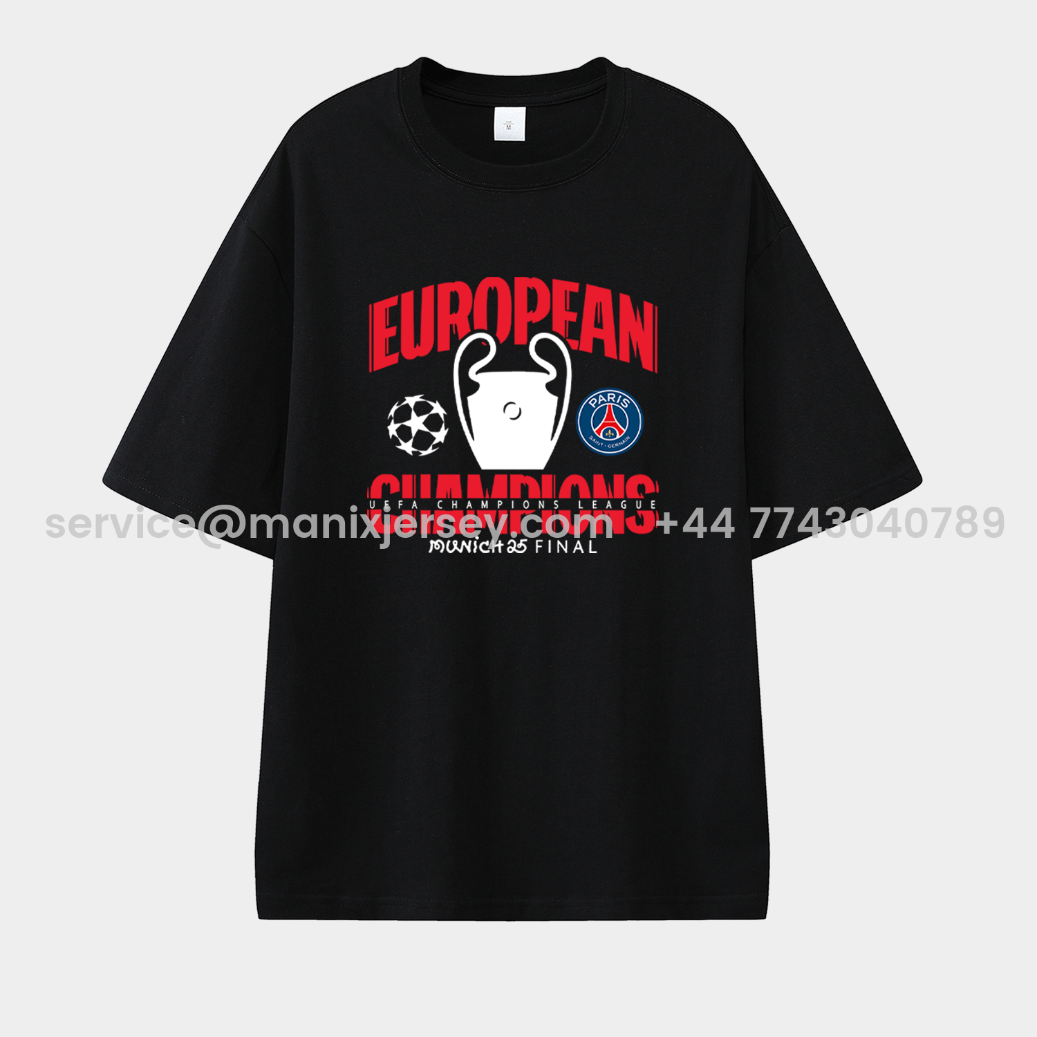 ManixJersey.com | Paris Saint-Germain PSG 2025 European Champions Winner Unisex Pure Cotton T-shirt -Customize Name, Number and Patch | Worldwide Shipping