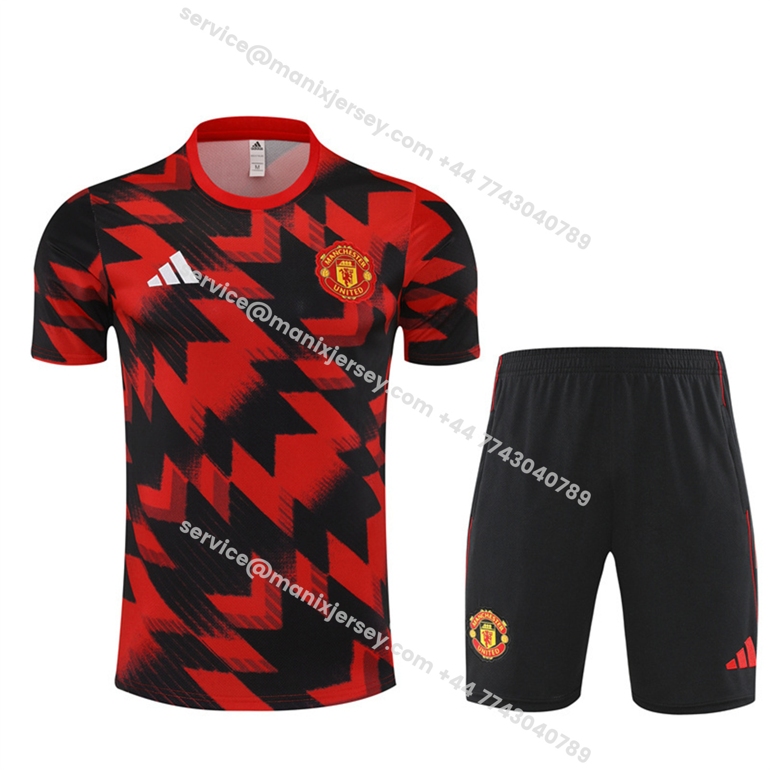 ManixJersey.com | Manchester United 25-26 Kids Short-Sleeve Training Set - Red Camouflage Top & Black Shorts -Customize Name, Number and Patch | Worldwide Shipping