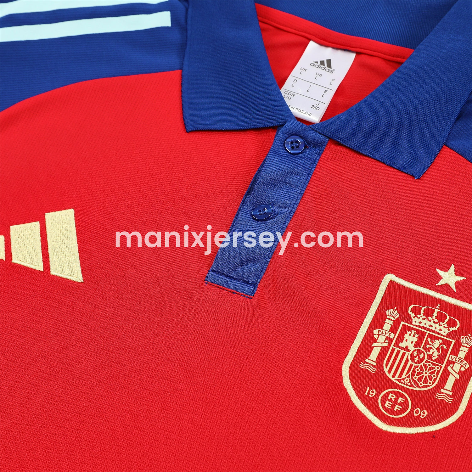 ManixJersey.com | Spain 25-26 POLO Short-Sleeve Training Set - Red Top and Blue Pants -Customize Name, Number and Patch | Worldwide Shipping