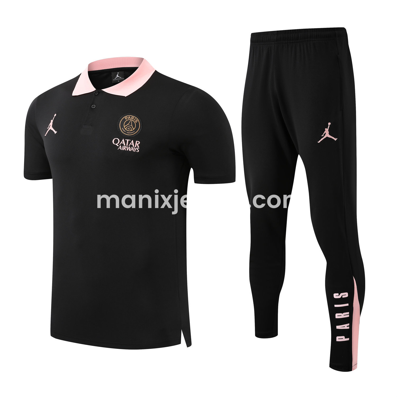 ManixJersey.com | Paris Saint-Germain PSG 25-26 POLO Short-Sleeve Training Set - Black Top and Pants -Customize Name, Number and Patch | Worldwide Shipping