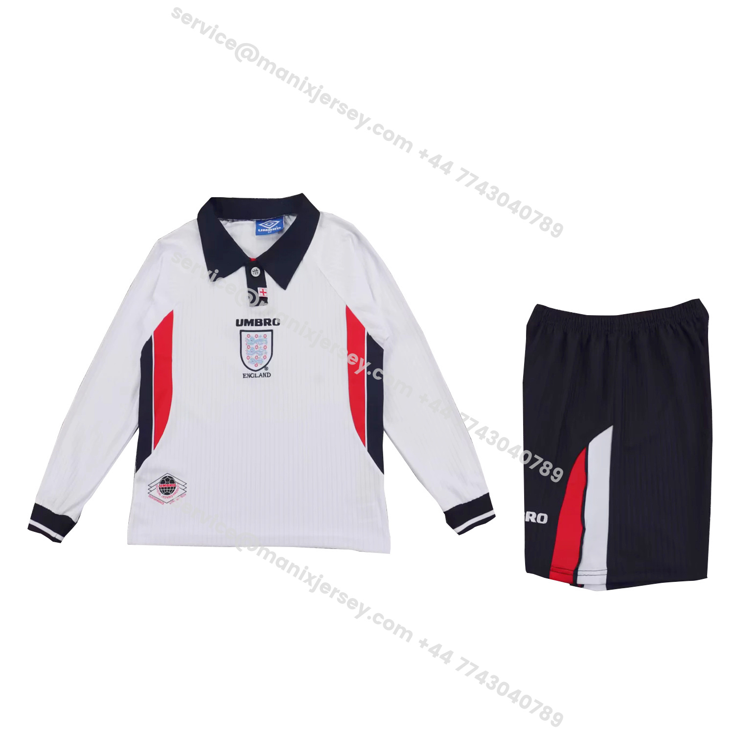 ManixJersey.com | Retro England 1998 Home Long Sleeves Kids Kit -Customize Name, Number and Patch | Worldwide Shipping