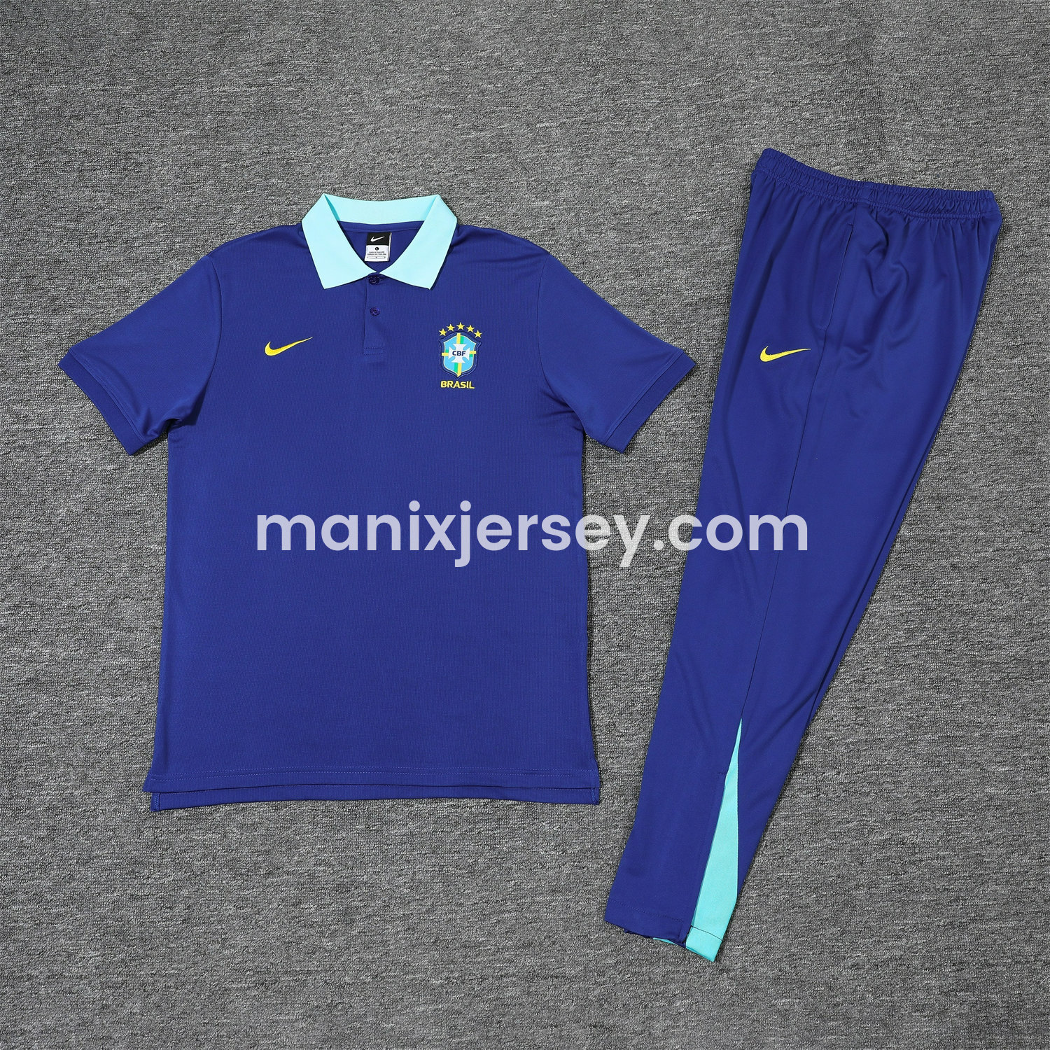 ManixJersey.com | Brazil 25-26 POLO Short-Sleeve Training Set - Blue Top and Pants -Customize Name, Number and Patch | Worldwide Shipping