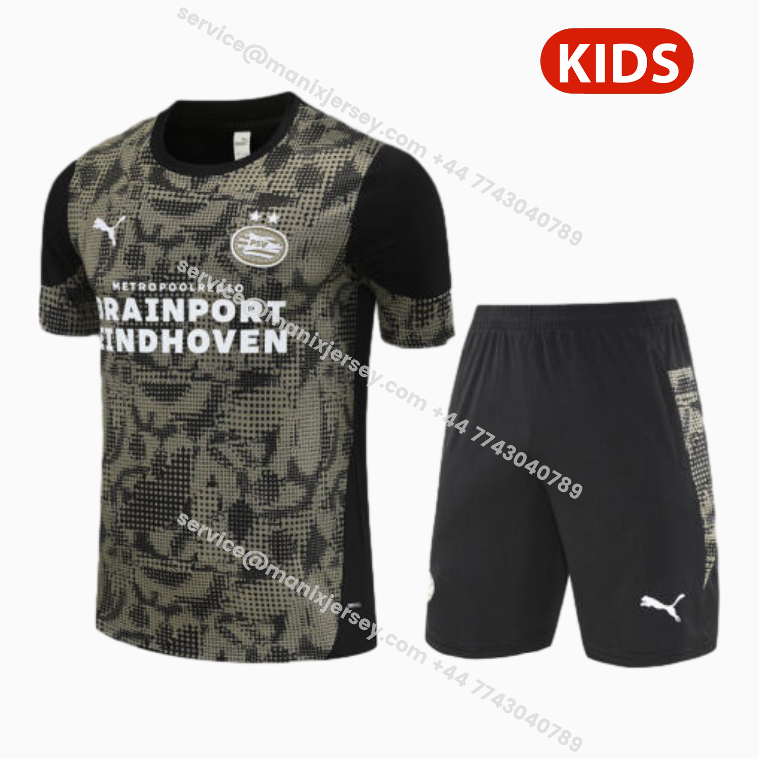 ManixJersey.com | PSV Eindhoven 25-26 Kids Short-Sleeve Training Set - Army Green Top & Black Shorts -Customize Name, Number and Patch | Worldwide Shipping