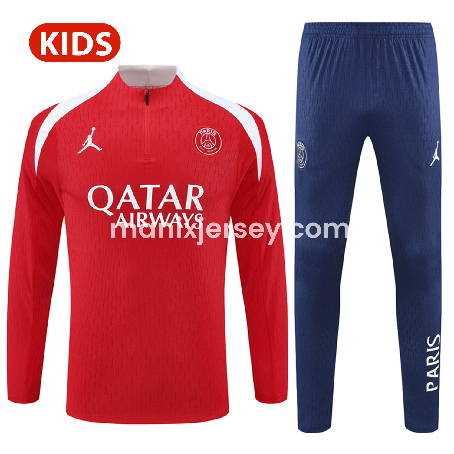 ManixJersey.com | Paris Saint-Germain PSG 25-26 Kid Long Sleeves Training Set - Red Top & Royal Blue Pants -Customize Name, Number and Patch | Worldwide Shipping