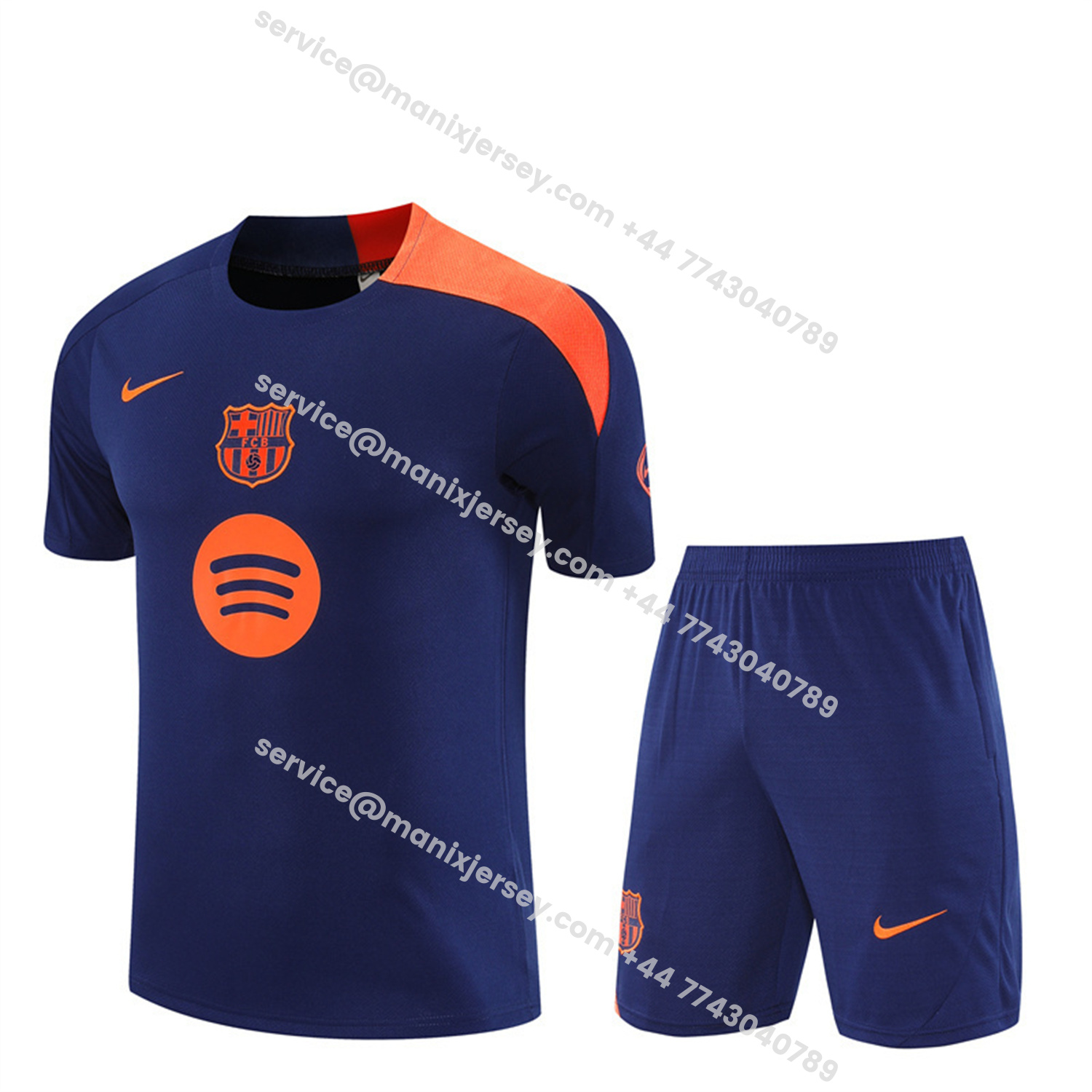 ManixJersey.com | Barcelona 25-26 Short-Sleeve Training Set - Royal Blue Top Orange Sponsor & Royal Blue Shorts -Customize Name, Number and Patch | Worldwide Shipping