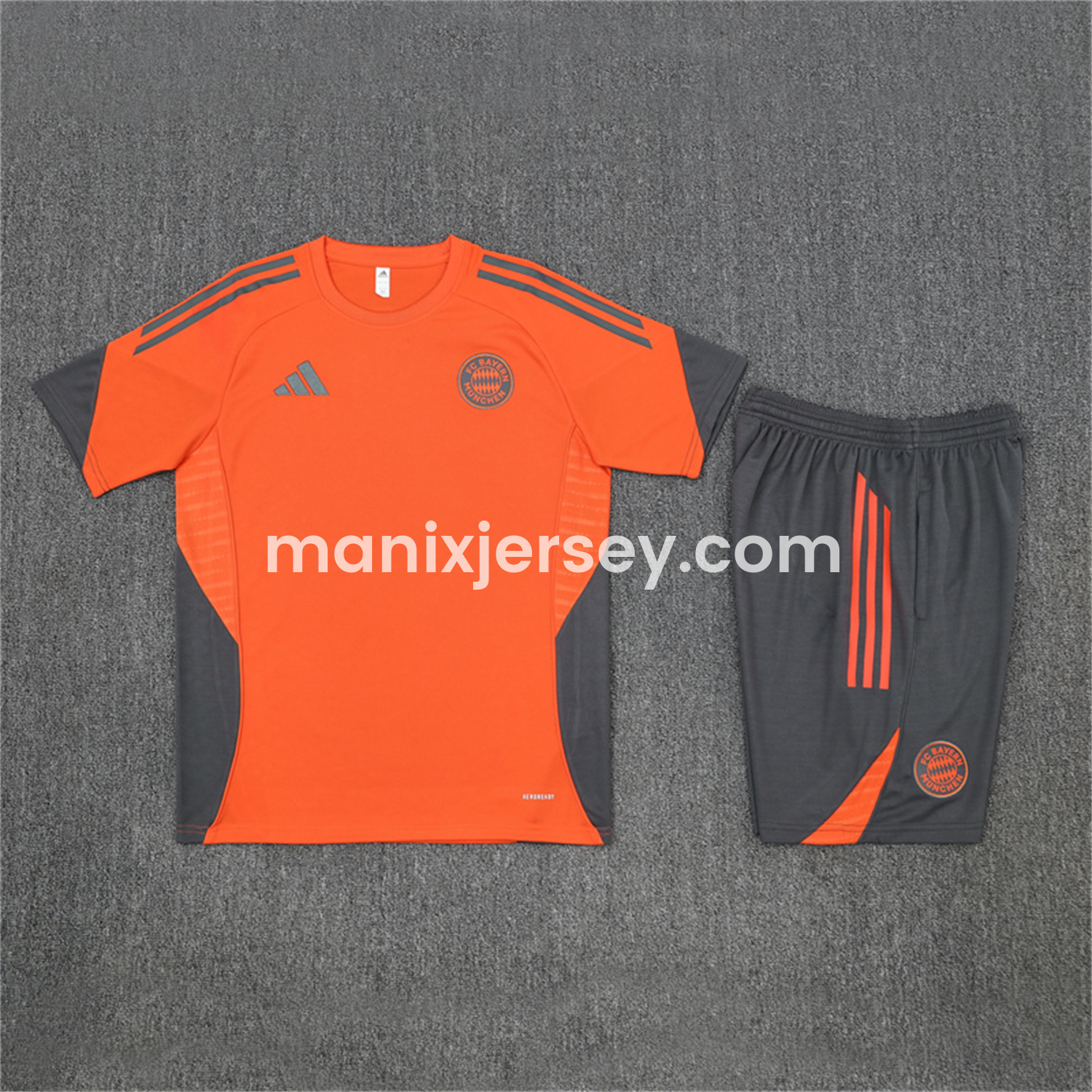 ManixJersey.com | Bayern Munich 25-26 Kids Short-Sleeve Training Set - Orange Top & Gray shorts -Customize Name, Number and Patch | Worldwide Shipping