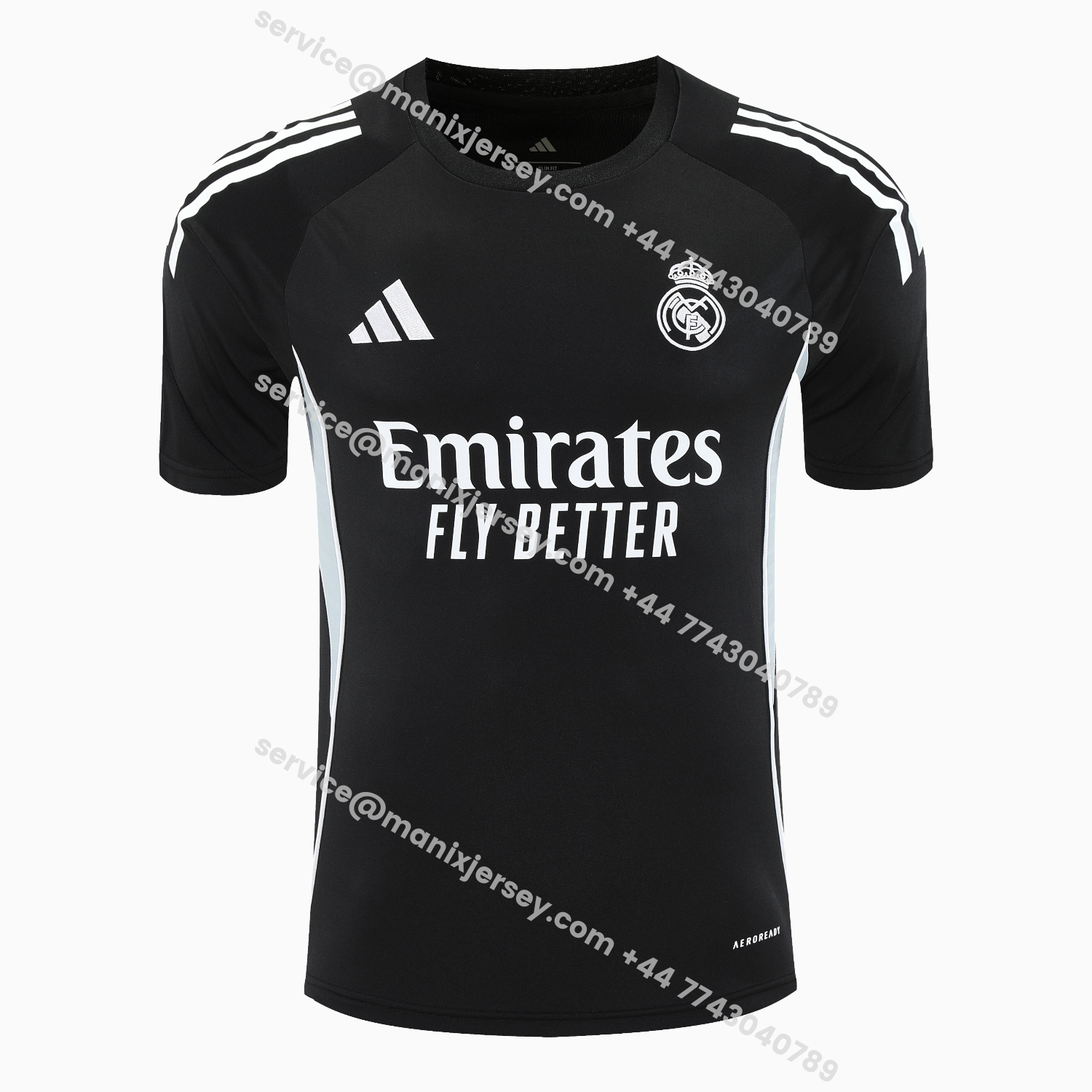 ManixJersey.com | Real Madrid 25-26 Short-Sleeve Training Set - Light Grey Stripes Black Top & Black Shorts -Customize Name, Number and Patch | Worldwide Shipping