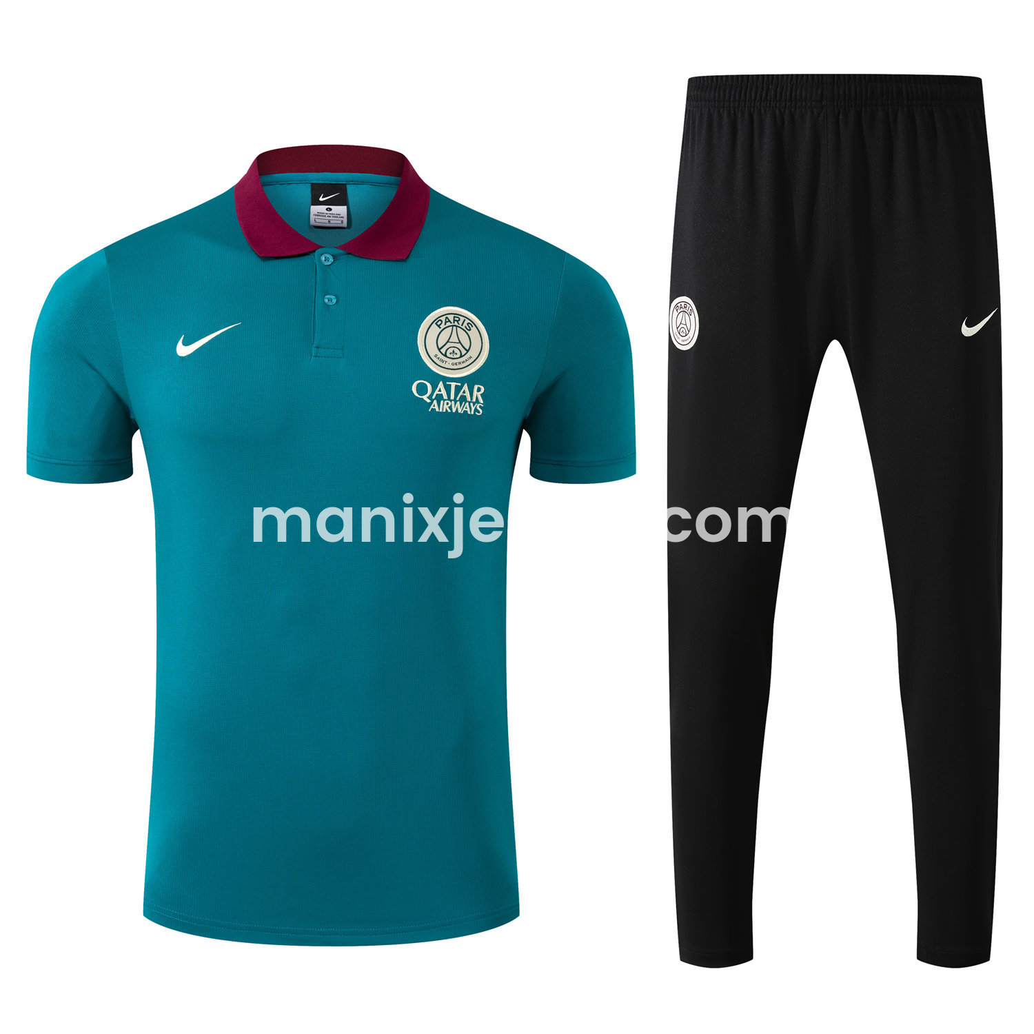 ManixJersey.com | Paris Saint-Germain PSG 25-26 POLO Short-Sleeve Training Set - Blue Green Top and Black Pants -Customize Name, Number and Patch | Worldwide Shipping