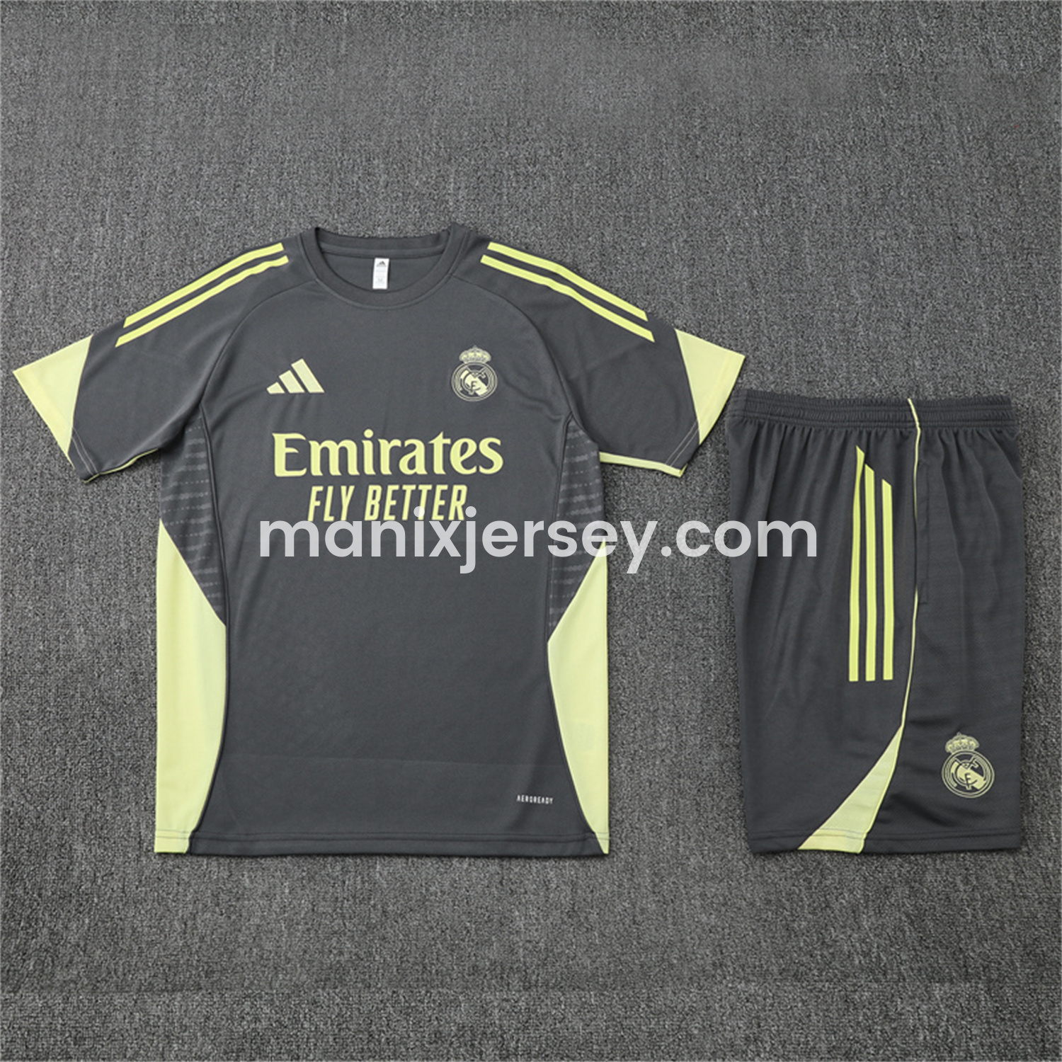 ManixJersey.com | Real Madrid 25-26 Short-Sleeve Training Set - Deep Grey Top and Shorts -Customize Name, Number and Patch | Worldwide Shipping
