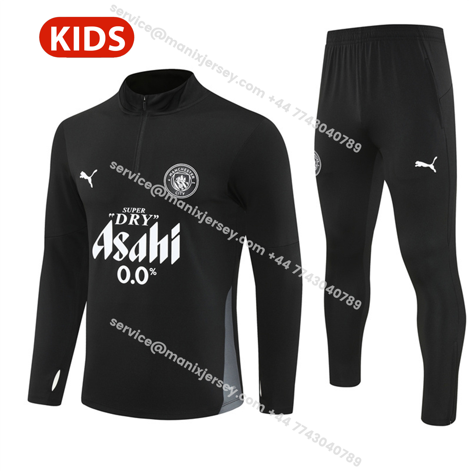 ManixJersey.com | Manchester City 25-26 Kids Long Sleeve Training Set - Black Top & Black Pants -Customize Name, Number and Patch | Worldwide Shipping