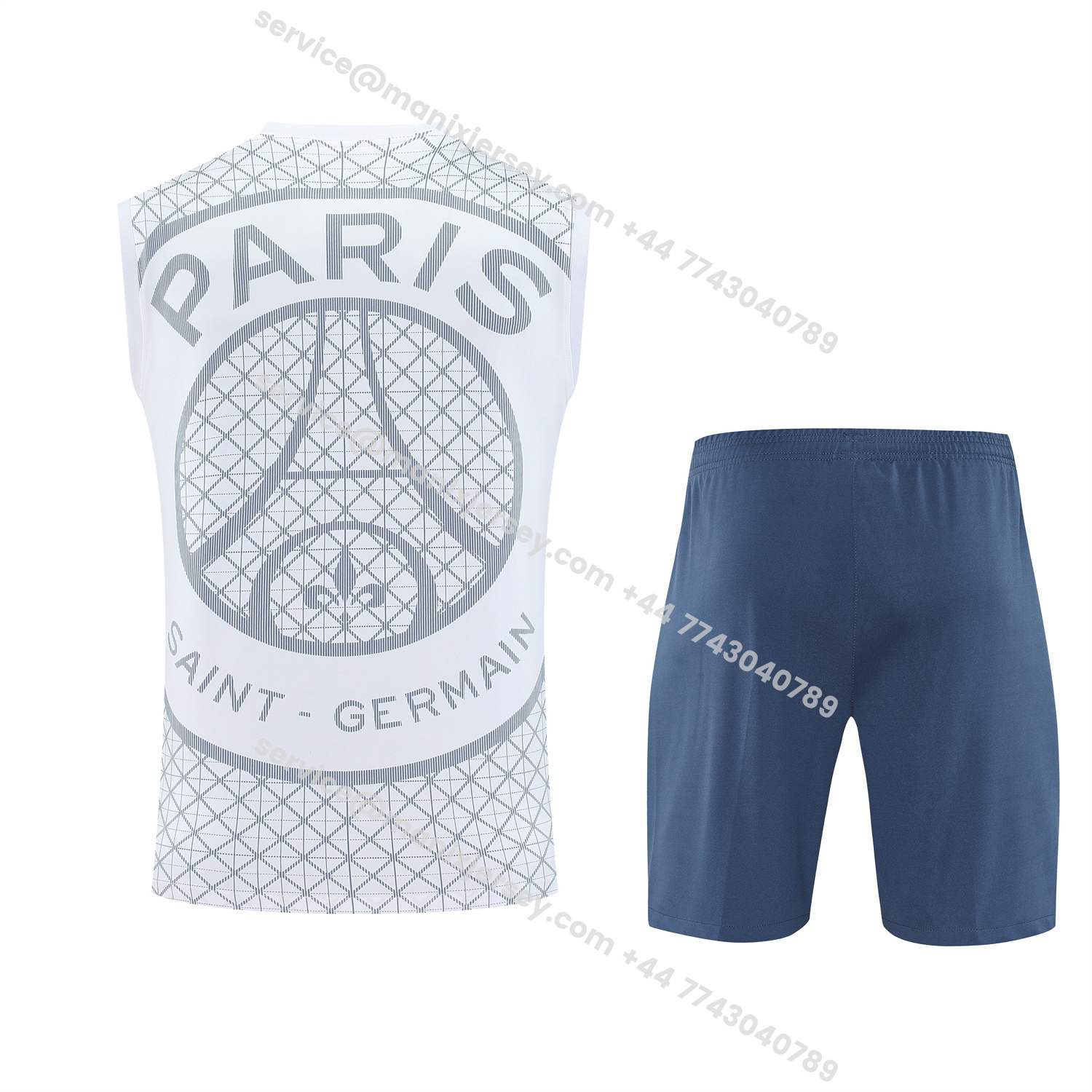 ManixJersey.com | Paris Saint-Germain PSG 25-26 Vest Training Set - White Vest & Deep Blue Shorts -Customize Name, Number and Patch | Worldwide Shipping