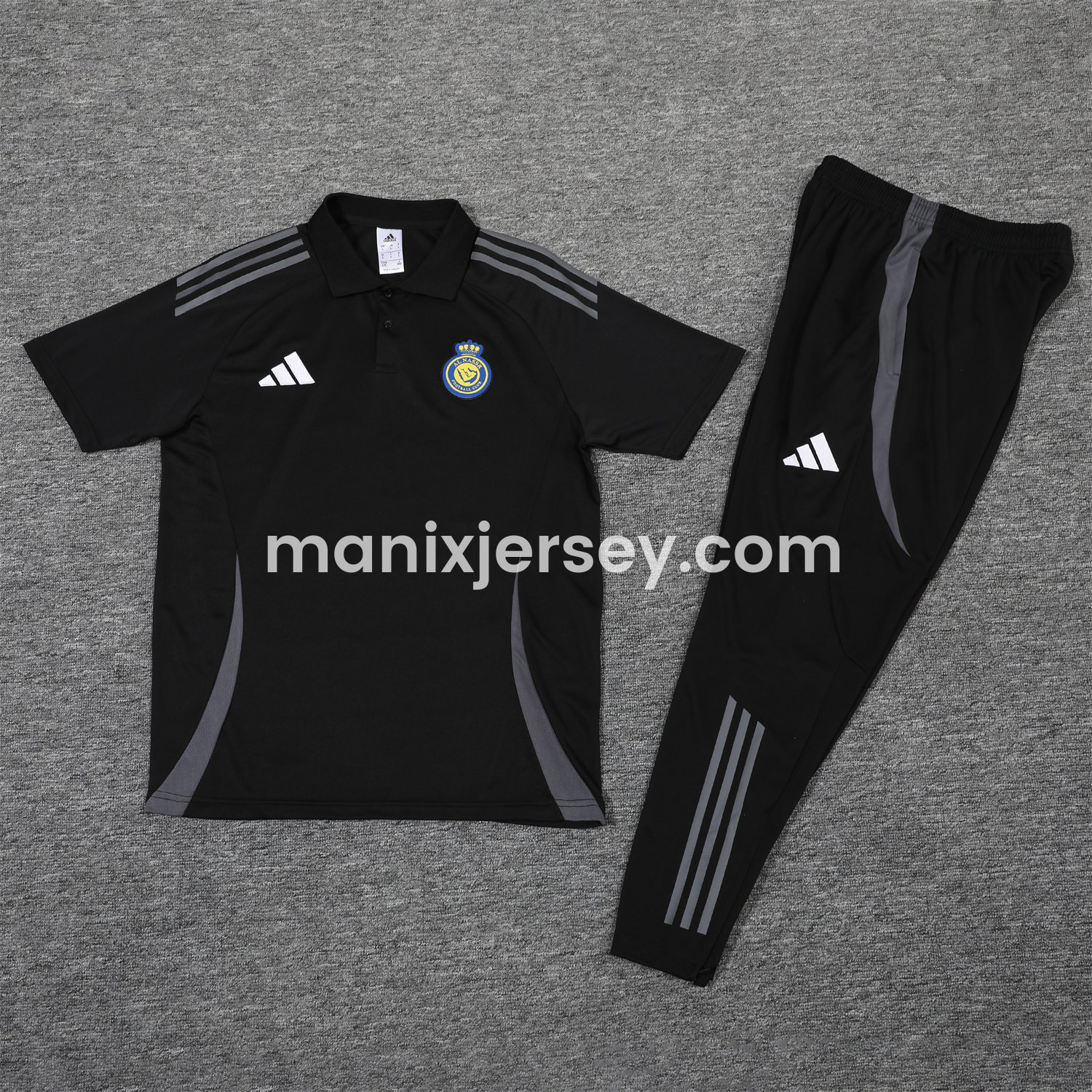 ManixJersey.com | Al Nassr Riyadh Victory 25-26 POLO Short-Sleeve Training Set - Black Top and Pants -Customize Name, Number and Patch | Worldwide Shipping