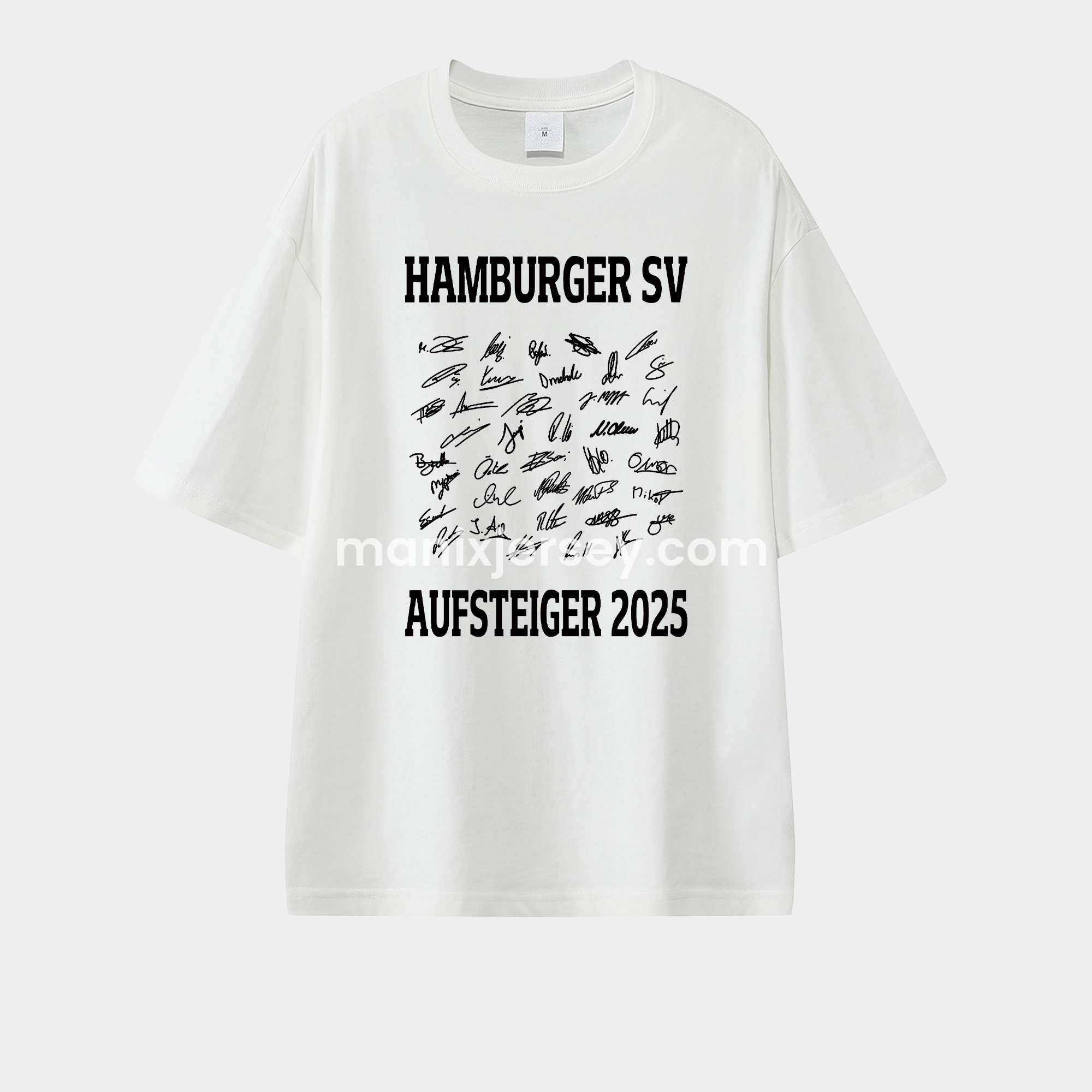ManixJersey.com | Hamburger SV AUFSTIEG 2025 Team Signatures Unisex Pure Cotton T-shirt -Customize Name, Number and Patch | Worldwide Shipping