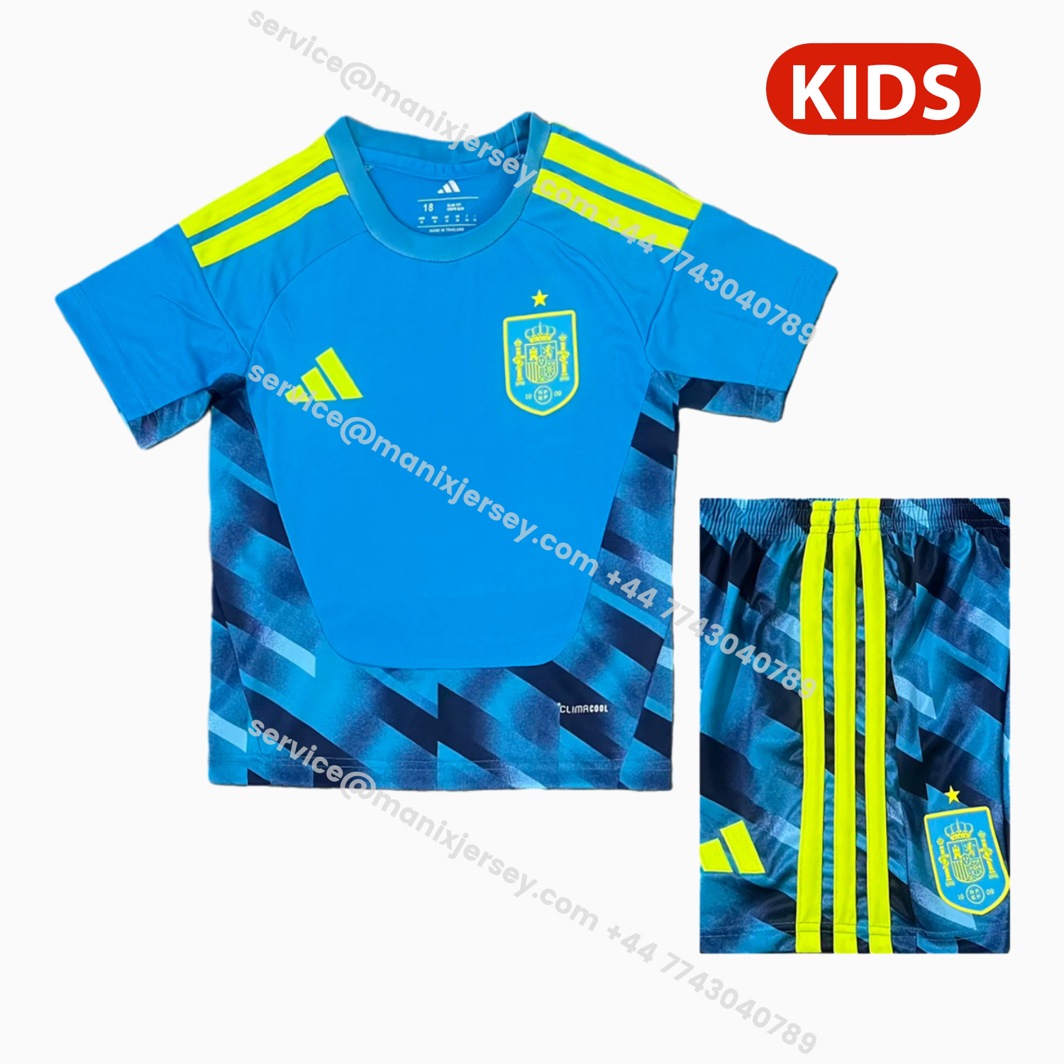 ManixJersey.com | Spain 2026 Goalkeeper Blue Kids Kit -Customize Name, Number and Patch | Worldwide Shipping