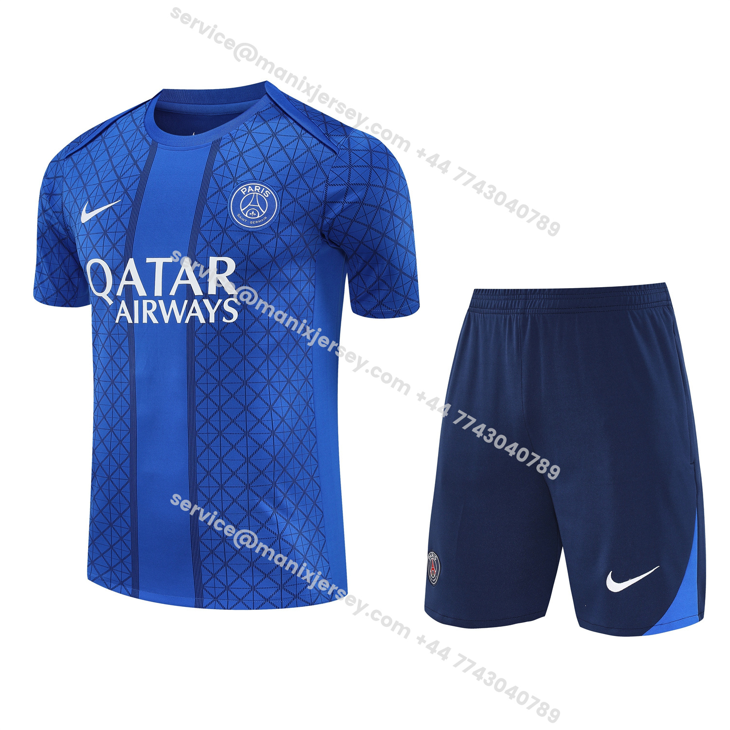 ManixJersey.com | Paris Saint-Germain PSG 25-26 Short-Sleeve Training Set - Blue Top & Deep Blue Shorts -Customize Name, Number and Patch | Worldwide Shipping