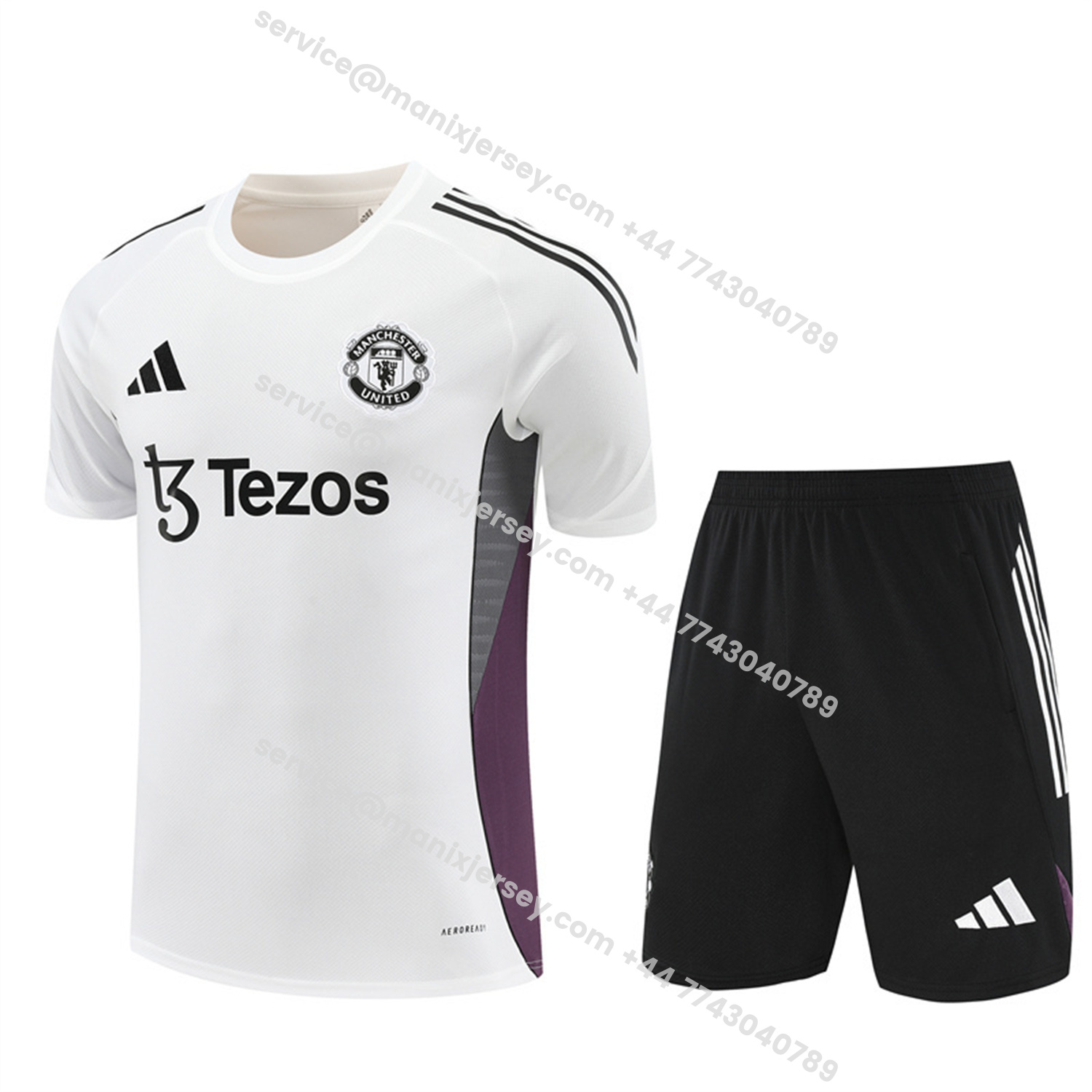 ManixJersey.com | Manchester United 25-26 Short-Sleeve Training Set - White Purple Top & Black Shorts -Customize Name, Number and Patch | Worldwide Shipping
