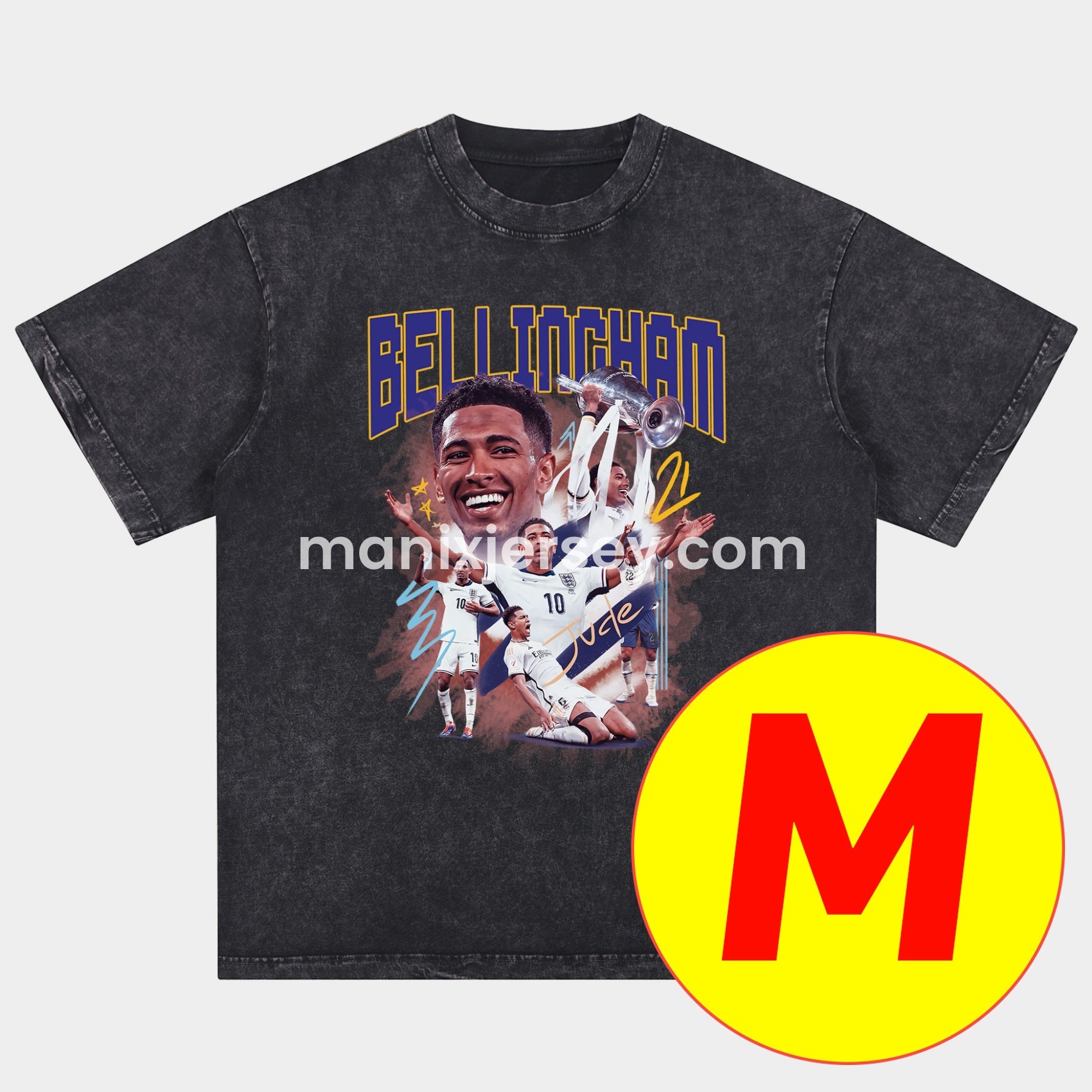 ManixJersey.com | Bellingham Real Madrid England Oversized Washed T-Shirt -Customize Name, Number and Patch | Worldwide Shipping