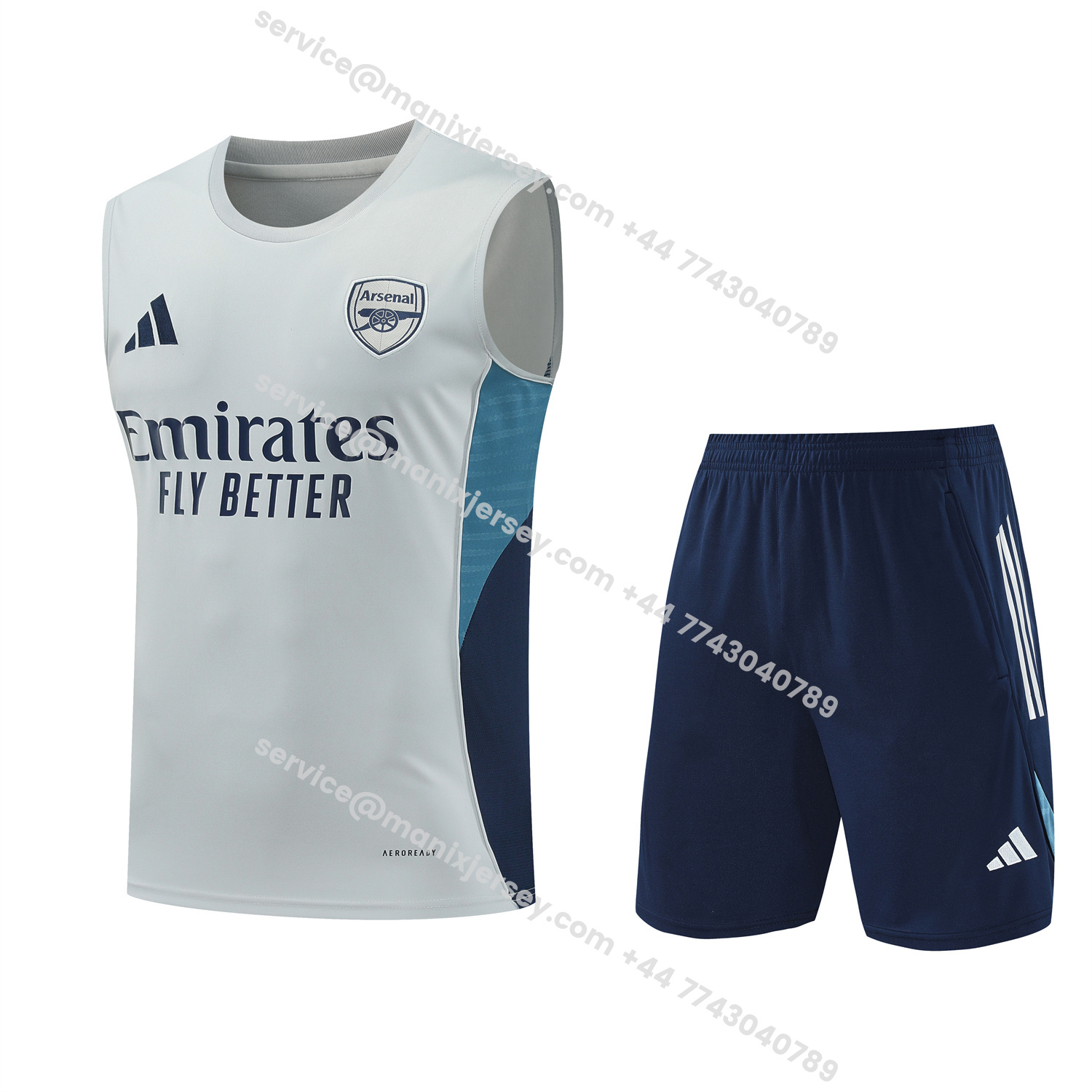 ManixJersey.com | Arsenal 25-26 Vest Training Set - Grey Top & Deep Blue Shorts -Customize Name, Number and Patch | Worldwide Shipping