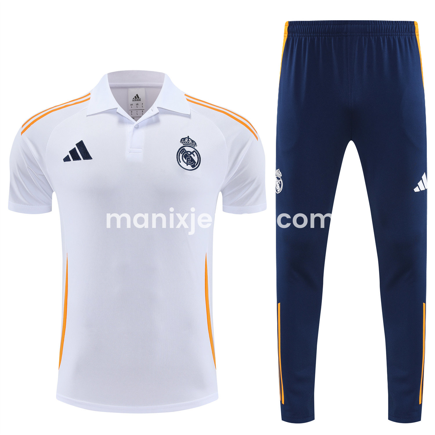 ManixJersey.com | Real Madrid 25-26 POLO Short-Sleeve Training Set - White Top and Deep Blue Pants -Customize Name, Number and Patch | Worldwide Shipping