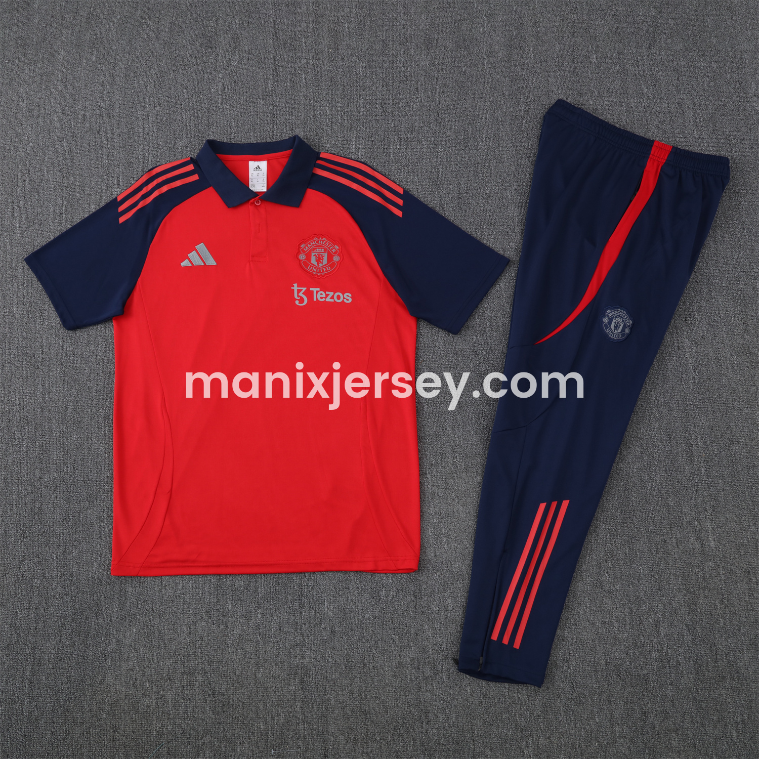 ManixJersey.com | Manchester United 25-26 POLO Short-Sleeve Training Set - Red Top and Deep Blue Pants -Customize Name, Number and Patch | Worldwide Shipping