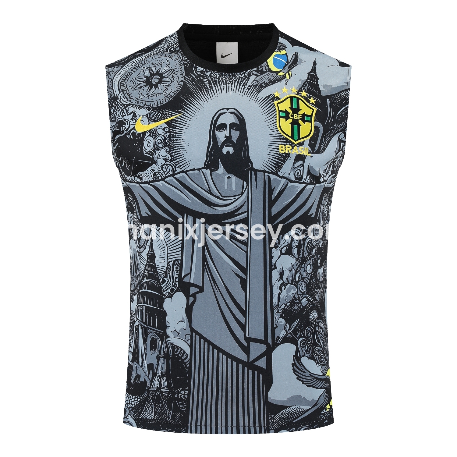 ManixJersey.com | Brazil 25-26 Gray Jesus Statue Vest Training Set - Gray Vest & Black Shorts -Customize Name, Number and Patch | Worldwide Shipping