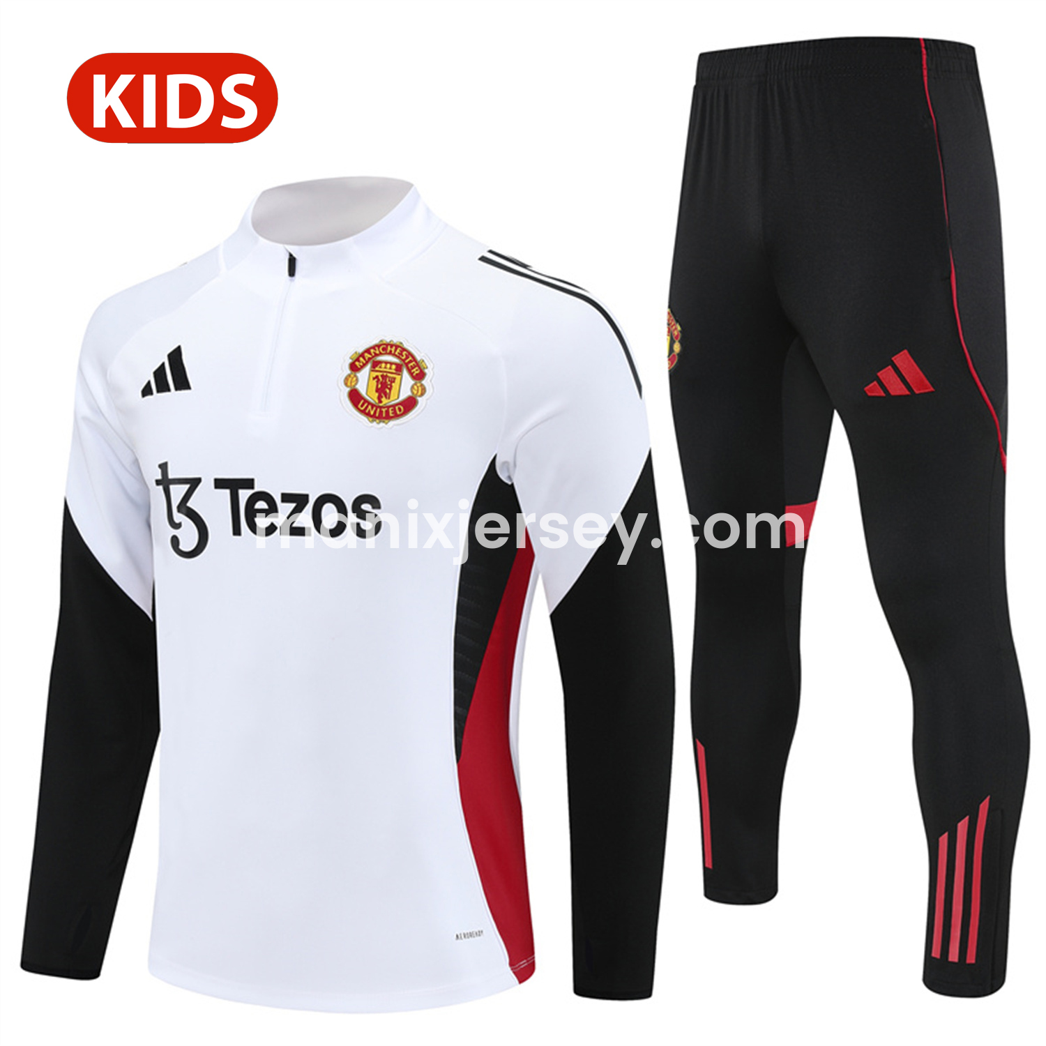 ManixJersey.com | Manchester United 25-26 Kid Long Sleeves Training Set - White Top & Black Pants -Customize Name, Number and Patch | Worldwide Shipping